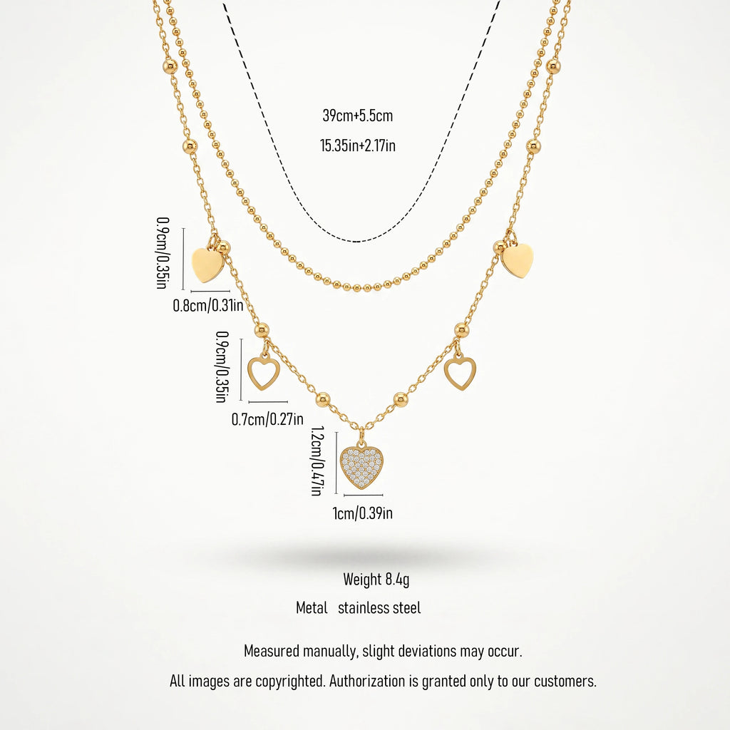 QIAOREN 13814 Fashion Double Layer Beaded Ball Chain Heart Pendant Necklace with Solid & Hollow Heart Charms, Central Paved CZ