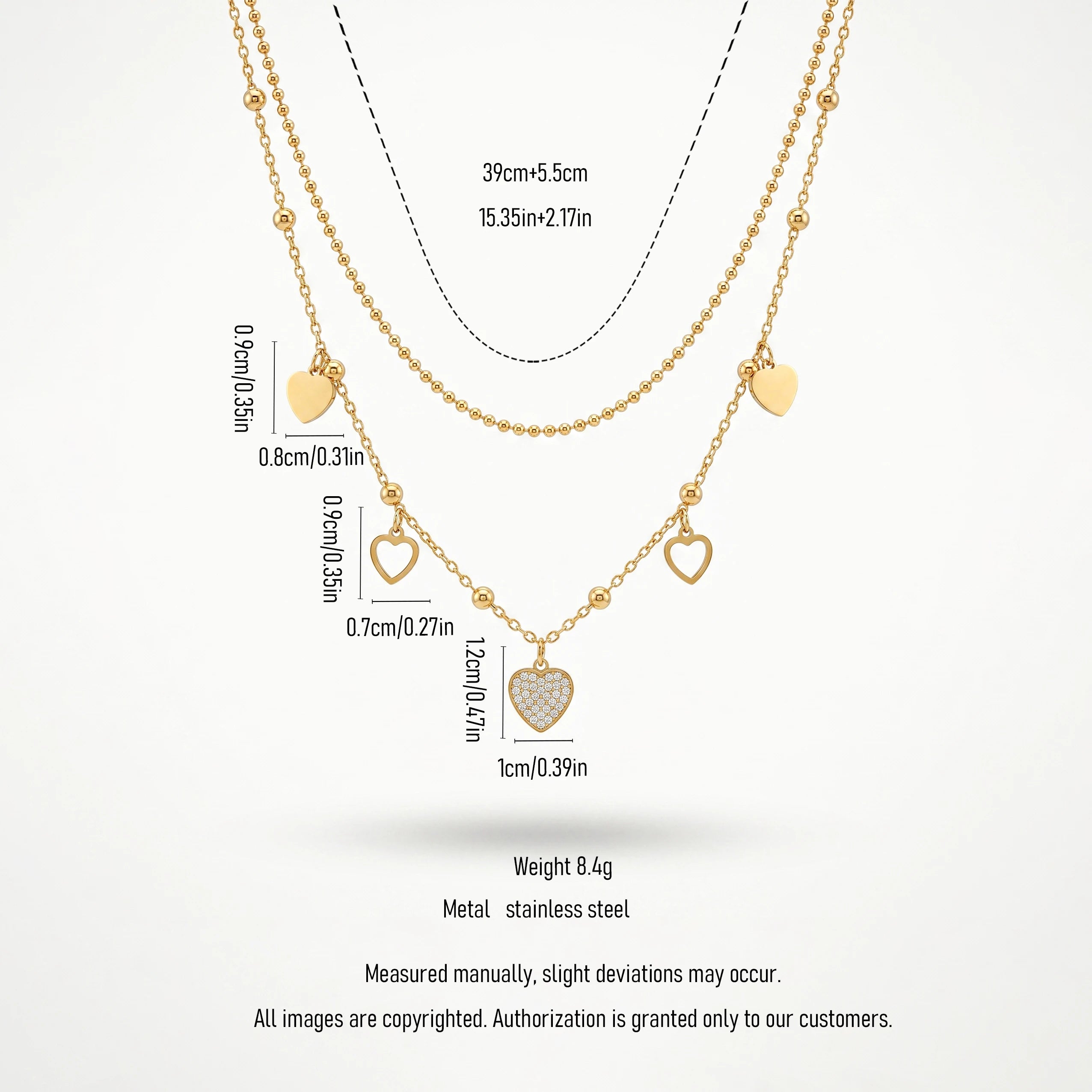 QIAOREN 13814 Fashion Double Layer Beaded Ball Chain Heart Pendant Necklace with Solid & Hollow Heart Charms, Central Paved CZ
