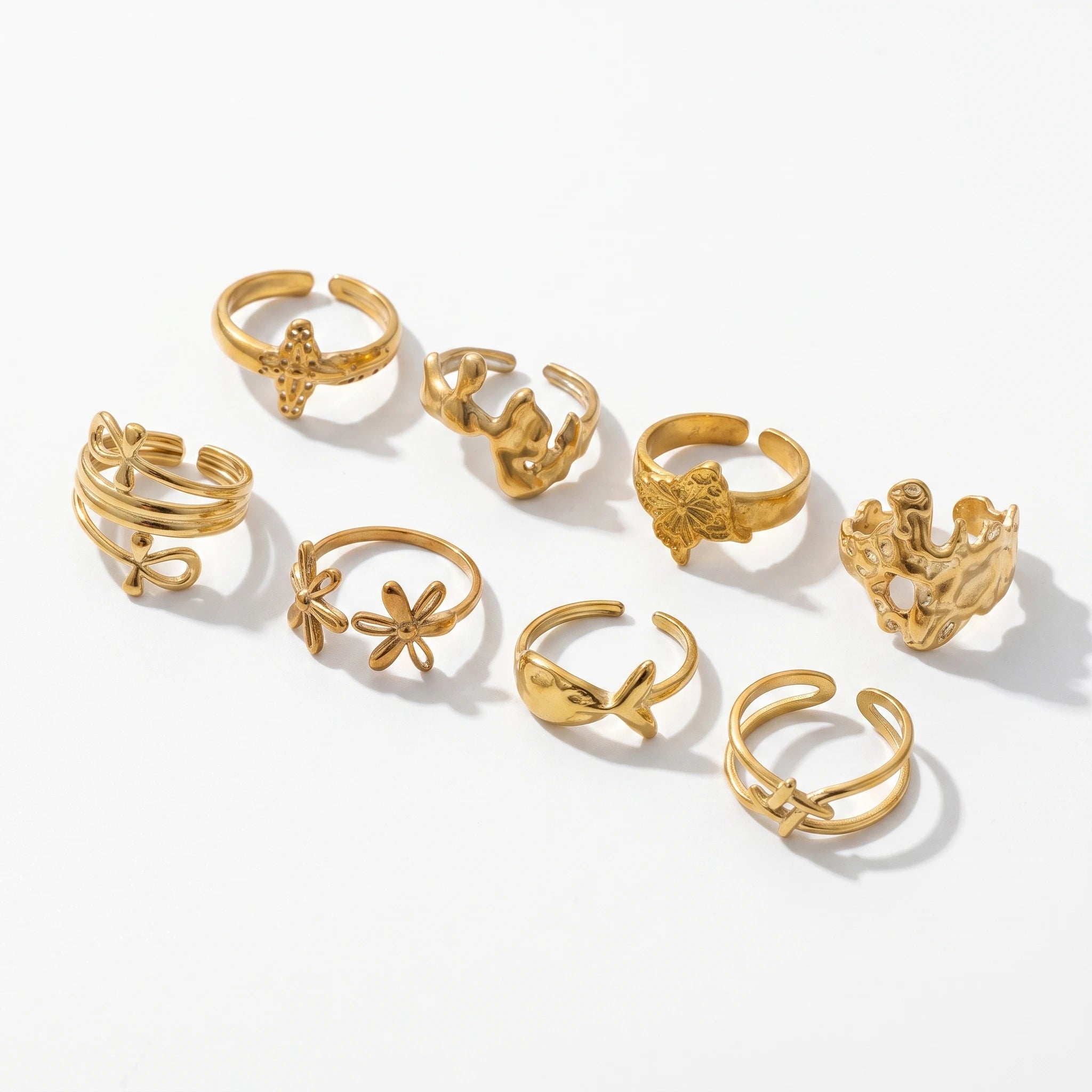 QIAOREN 14207-20 Abstract Flower Open Ring Set, Irregular Textured Adjustable Stackable Ring Jewelry Gift for Daily Outfits