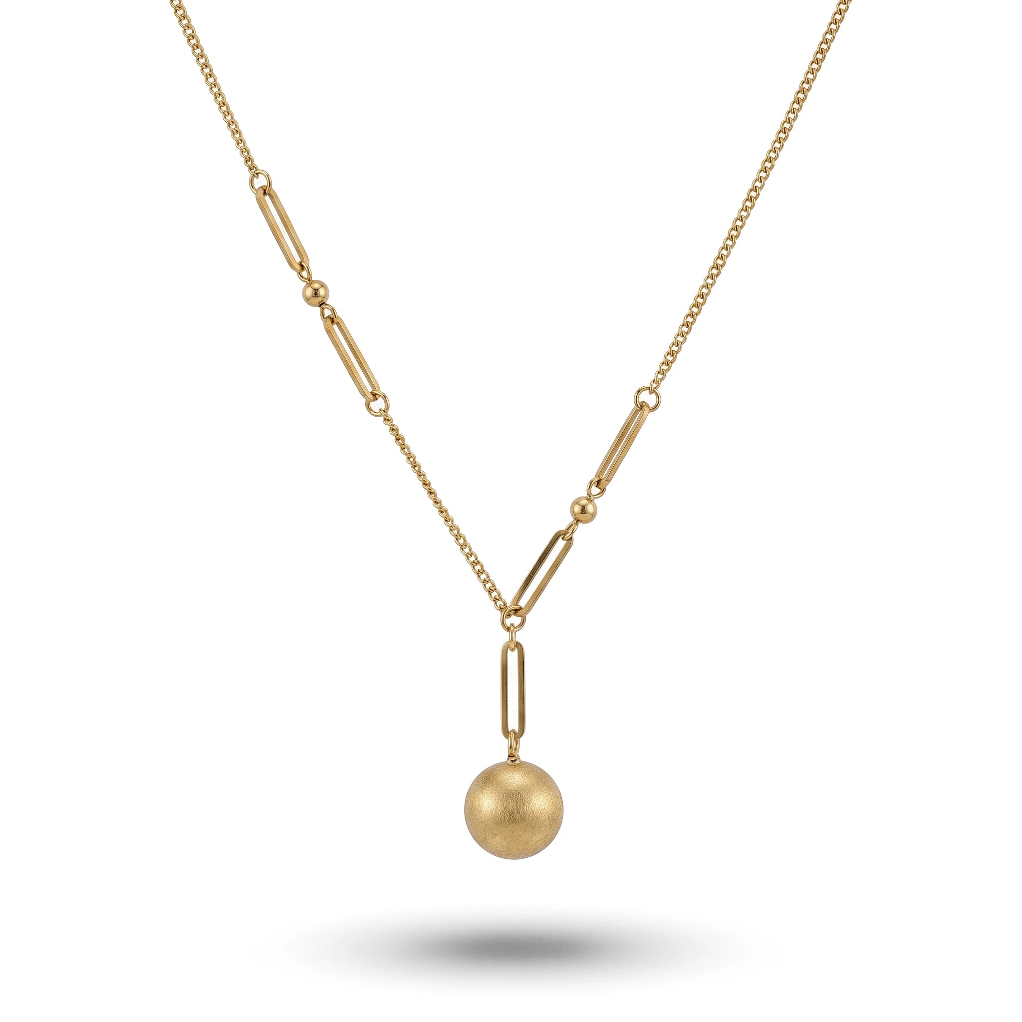 QIAOREN 13986 Mixed Link Chain Pendant Necklace with Matte Frosted Round Ball Charm, Polished Gold