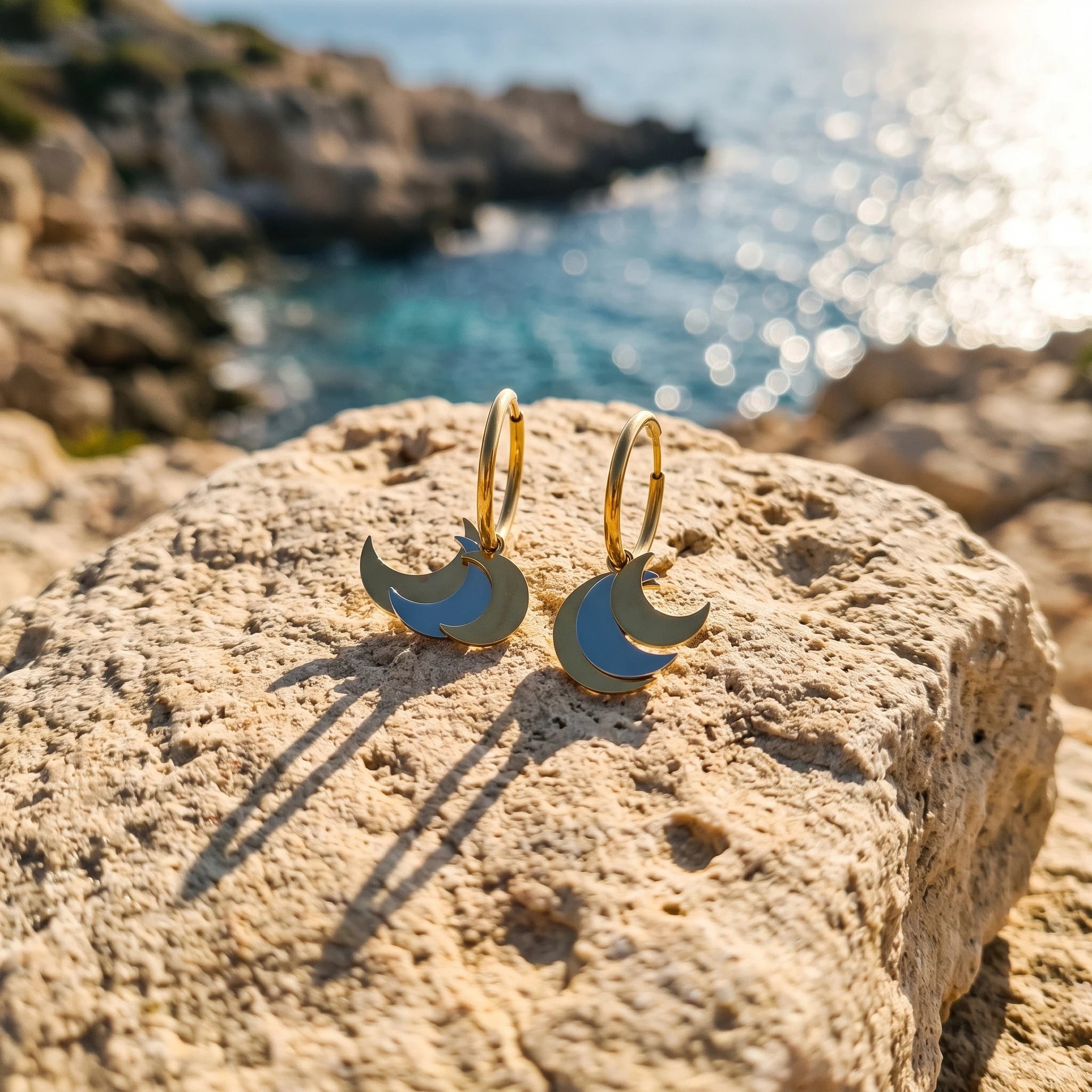 QIAOREN 14425 Two Tone Triple Crescent Moon Charm Huggie Hoop Earrings, Stainless Steel Small Hoop Earrings Jewelry Gift