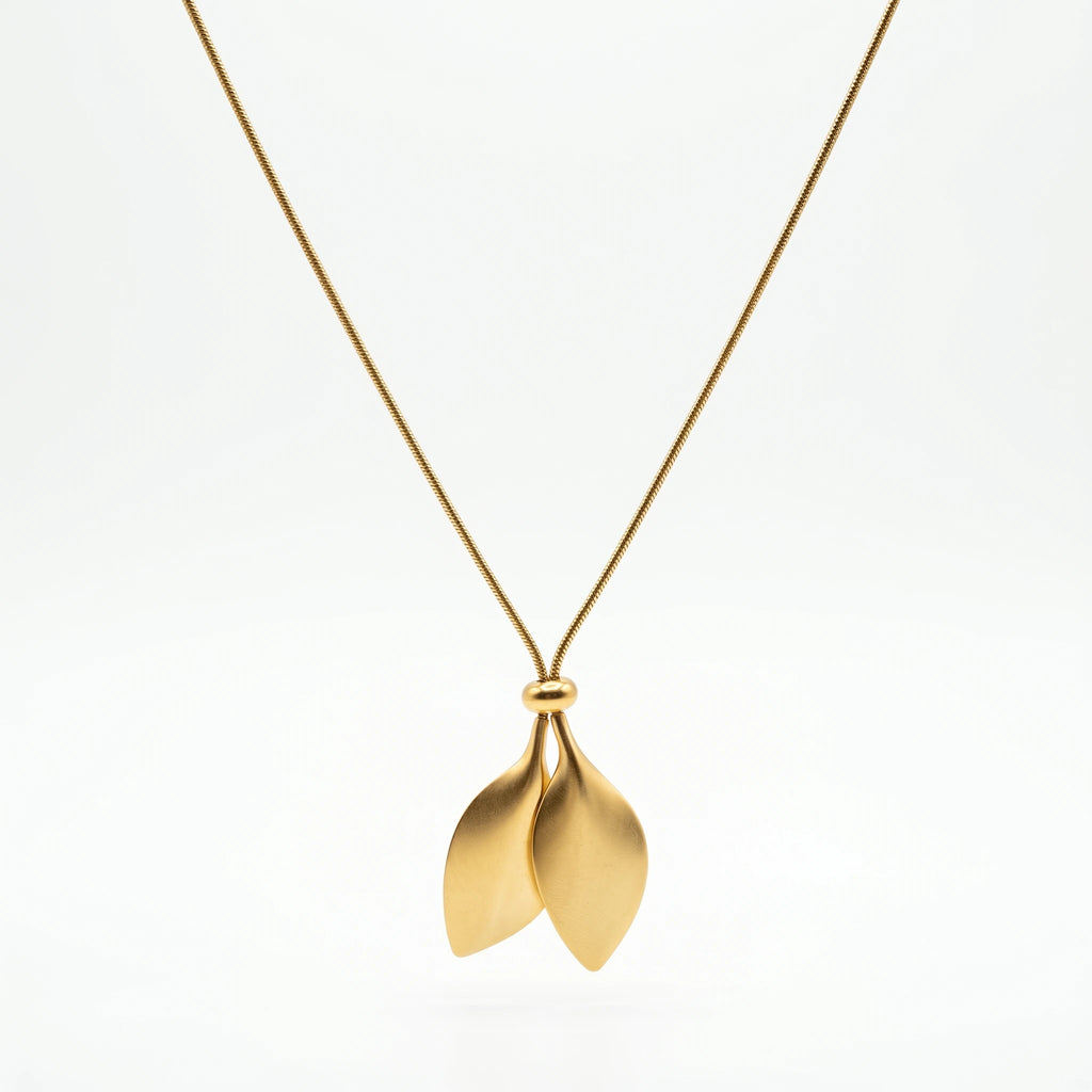 QIAOREN 10625 Trendy Stainless Steel Double Leaf Pendant Necklace Gold Plated Link Chain for Women Party Occasion