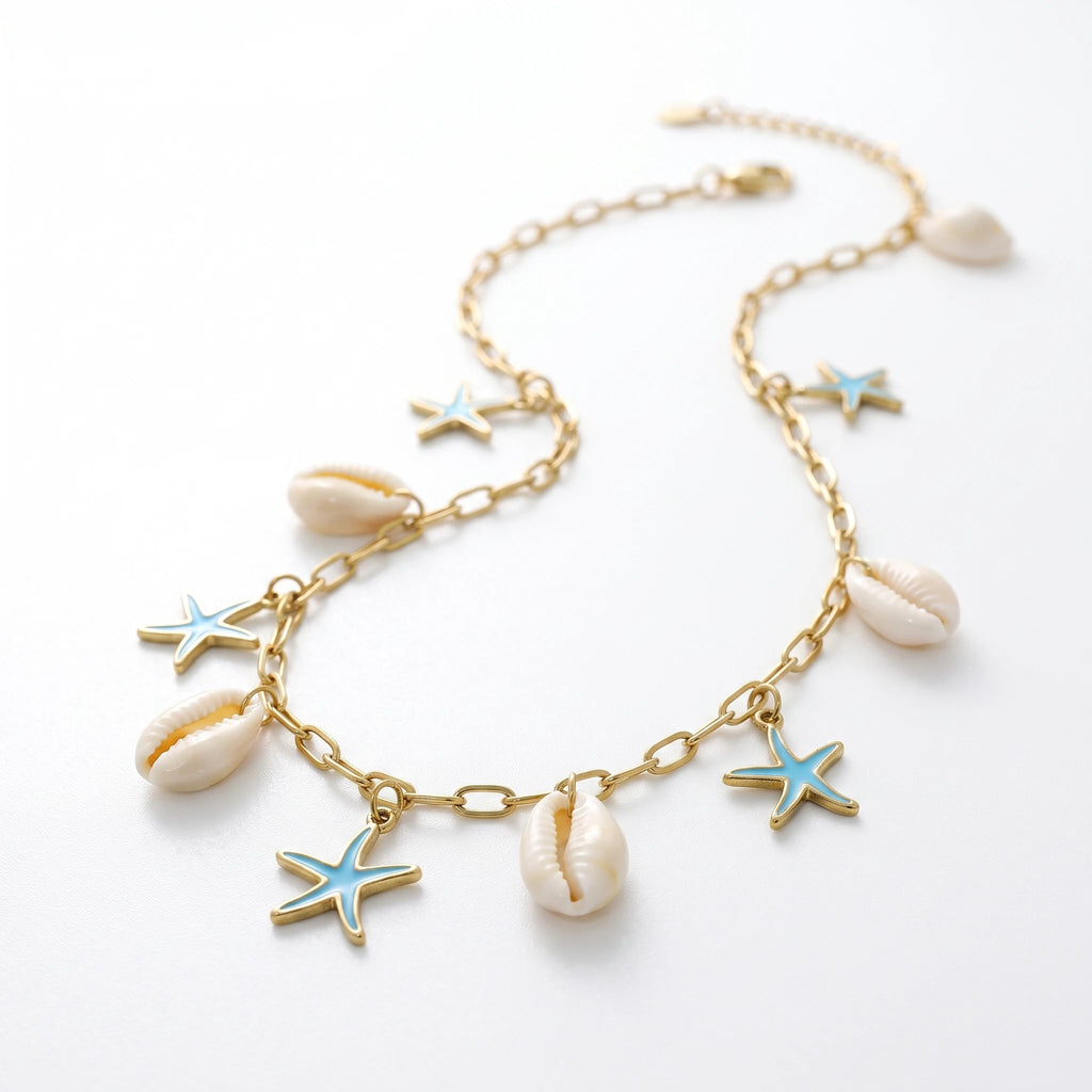 QIAOREN 13540 Paperclip Necklace with Natural Shell & Blue Enamel Starfish Charms, Gold Ocean Beach Necklace