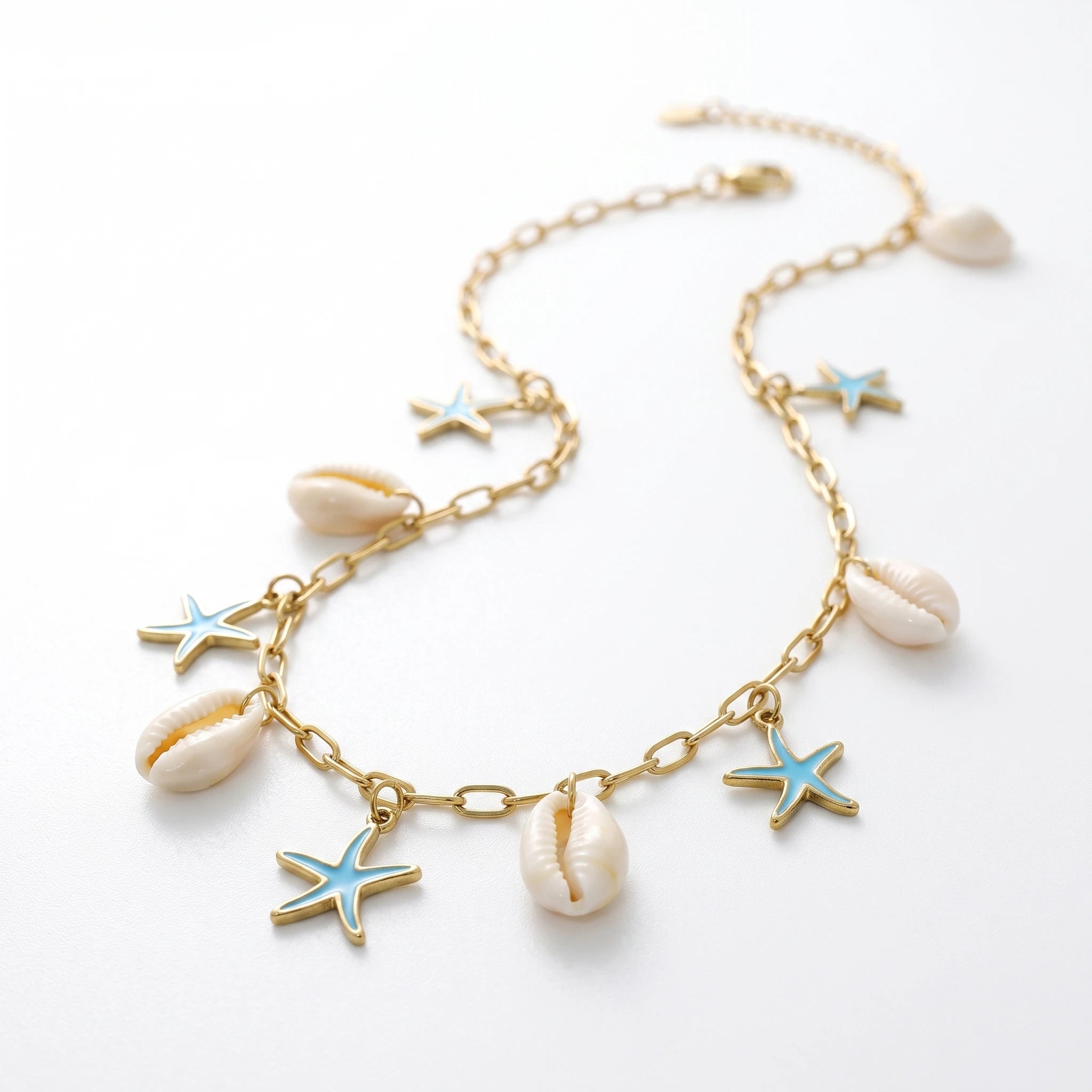 QIAOREN 13540 Paperclip Necklace with Natural Shell & Blue Enamel Starfish Charms, Gold Ocean Beach Necklace