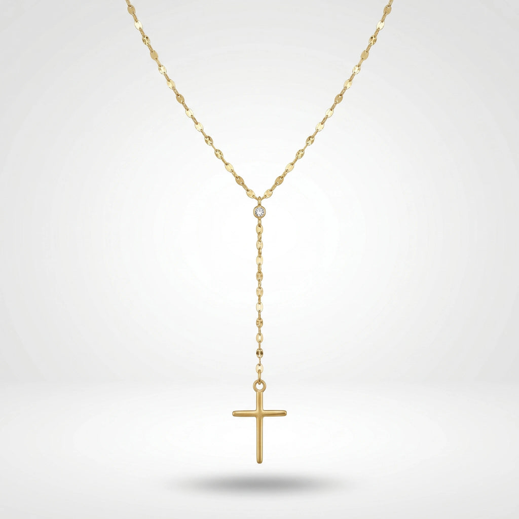 QIAOREN 11312 Waterproof 18K Gold Plated Cross Lariat Necklace Stainless Steel Beach Sunset Faith Jewelry for Women