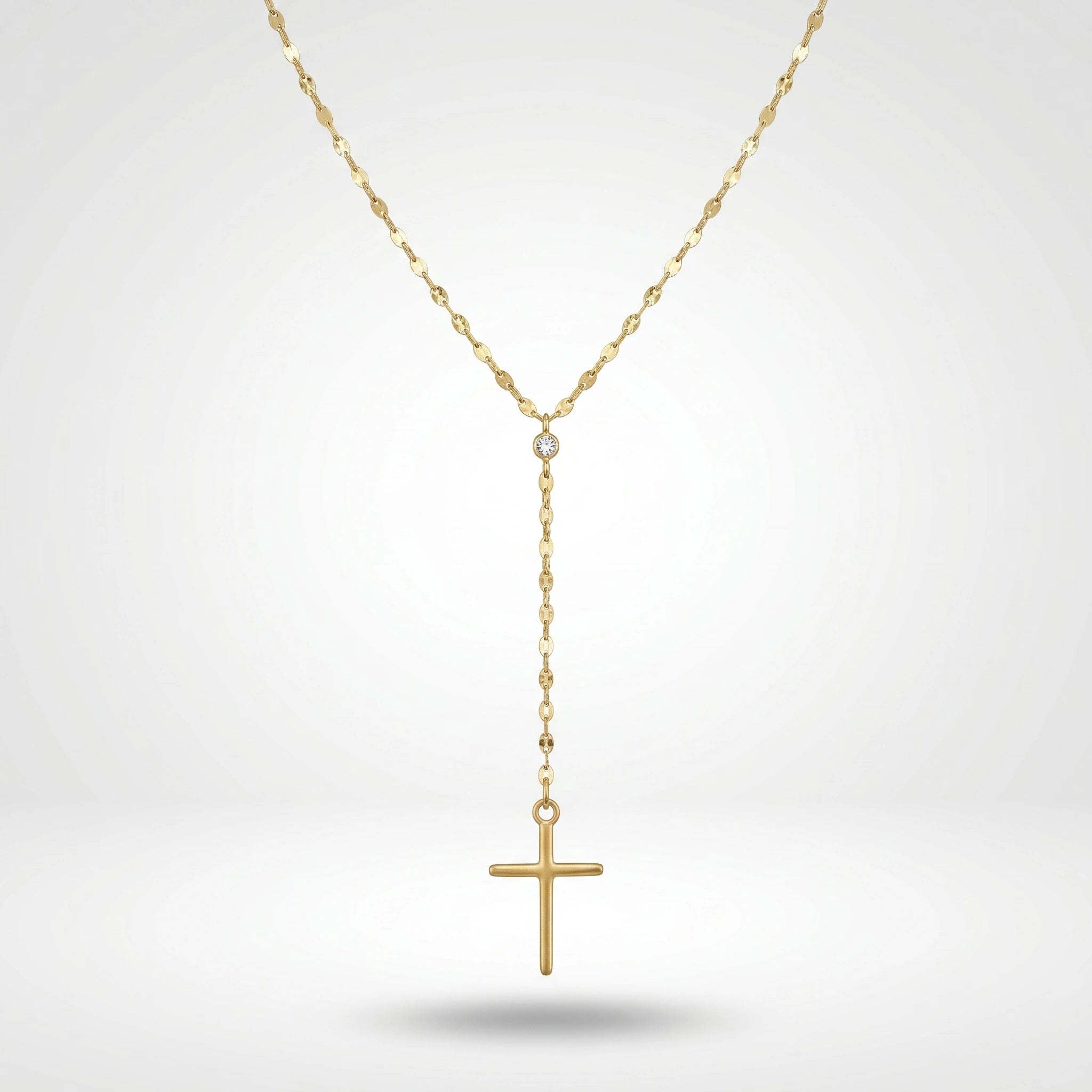 QIAOREN 11312 Waterproof 18K Gold Plated Cross Lariat Necklace Stainless Steel Beach Sunset Faith Jewelry for Women