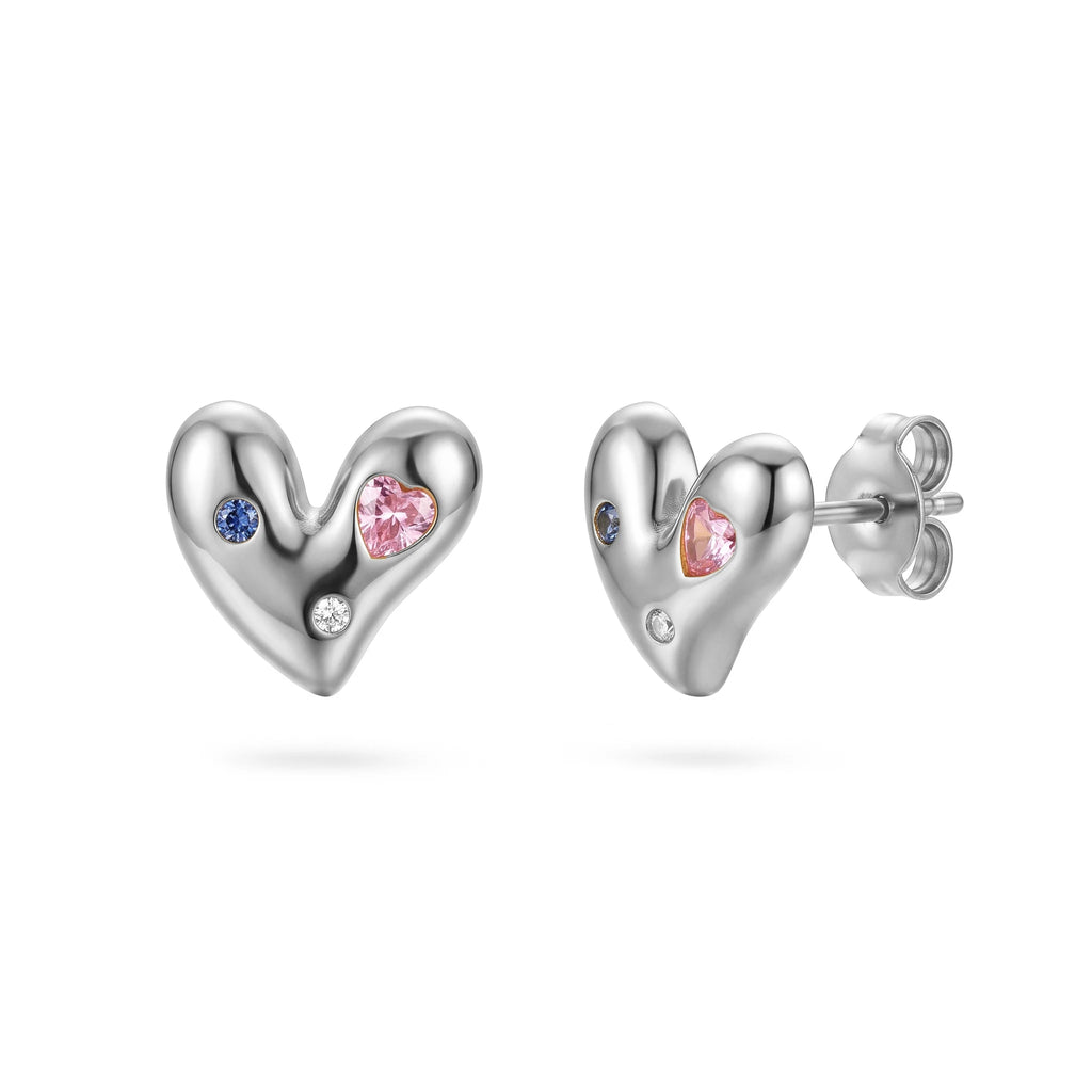 QIAOREN 13967-68 Stainless Steel Puffy Heart Stud Earrings Gold Crystal Heart Earrings Dainty Cute Jewelry for Women