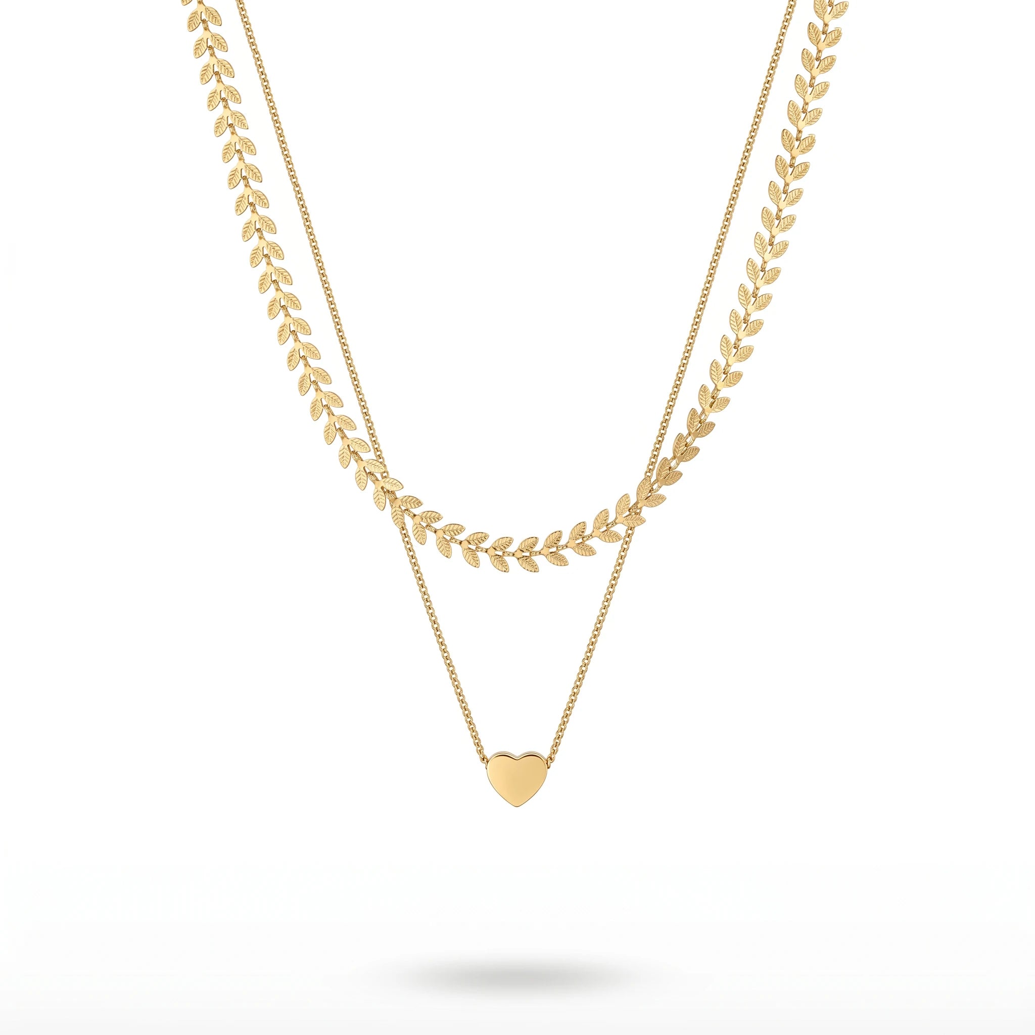 QIAOREN 11318 Boho Leaf & Heart Layered Necklace 18K Gold Plated Stainless Steel Beach Vacation Jewelry
