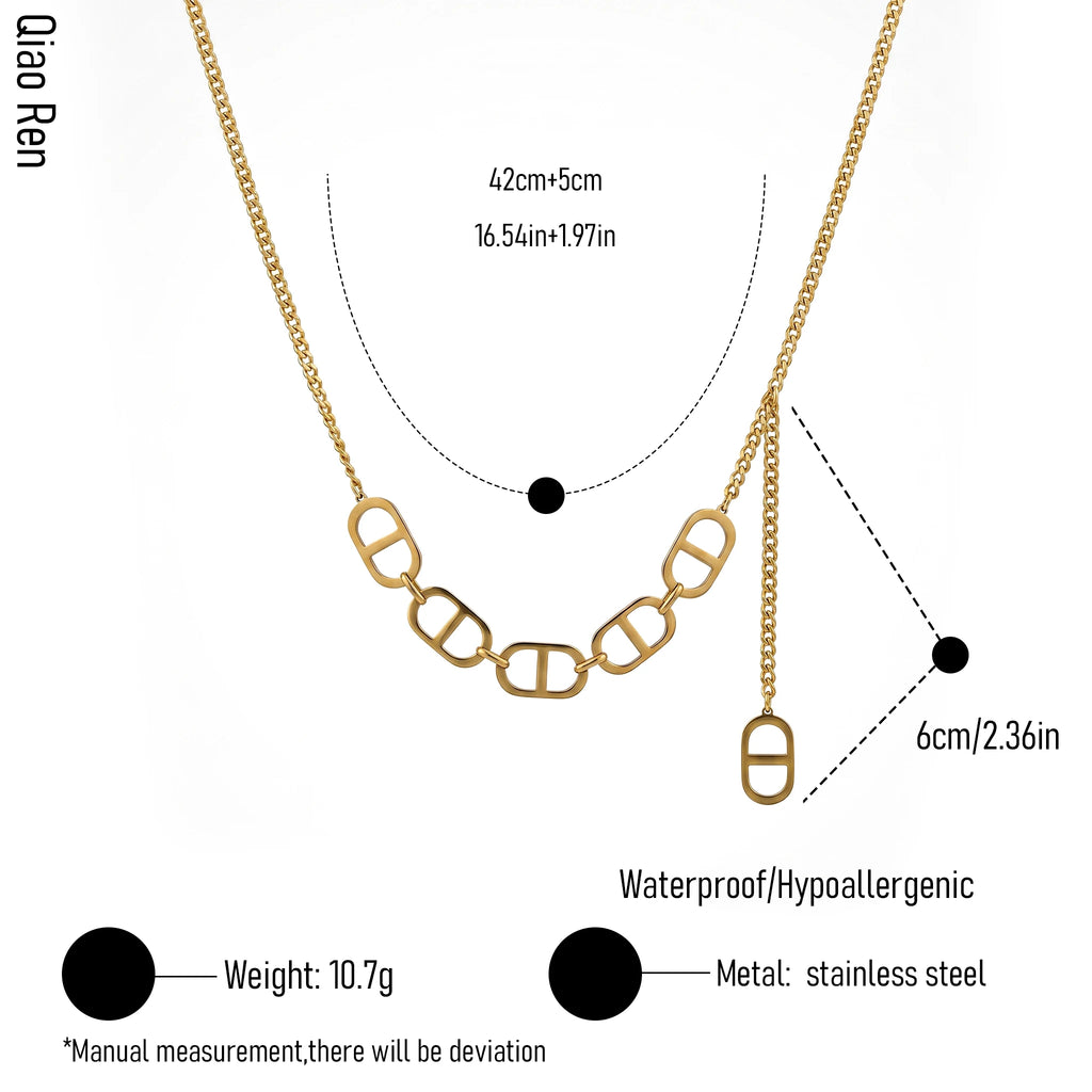 QIAOREN 14146 Link Curved Front Necklace, Oval Cutout Chain With Extension Tab Pendant Jewelry Gift for Daily Fashion Outfits