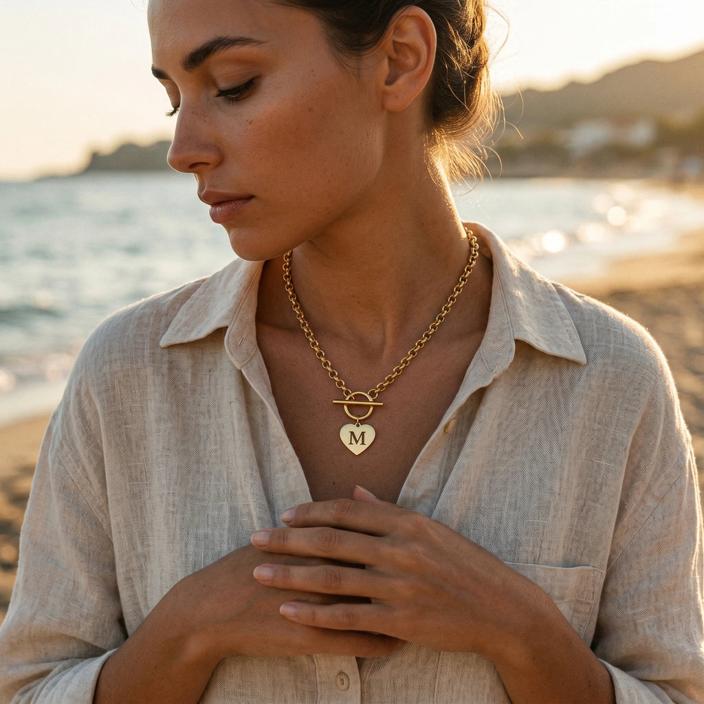 QIAOREN 10541 European American Trendy Punk Style Stainless Steel Link Chain Necklace 18K PVD Gold Plated Heart Women's Jewelry