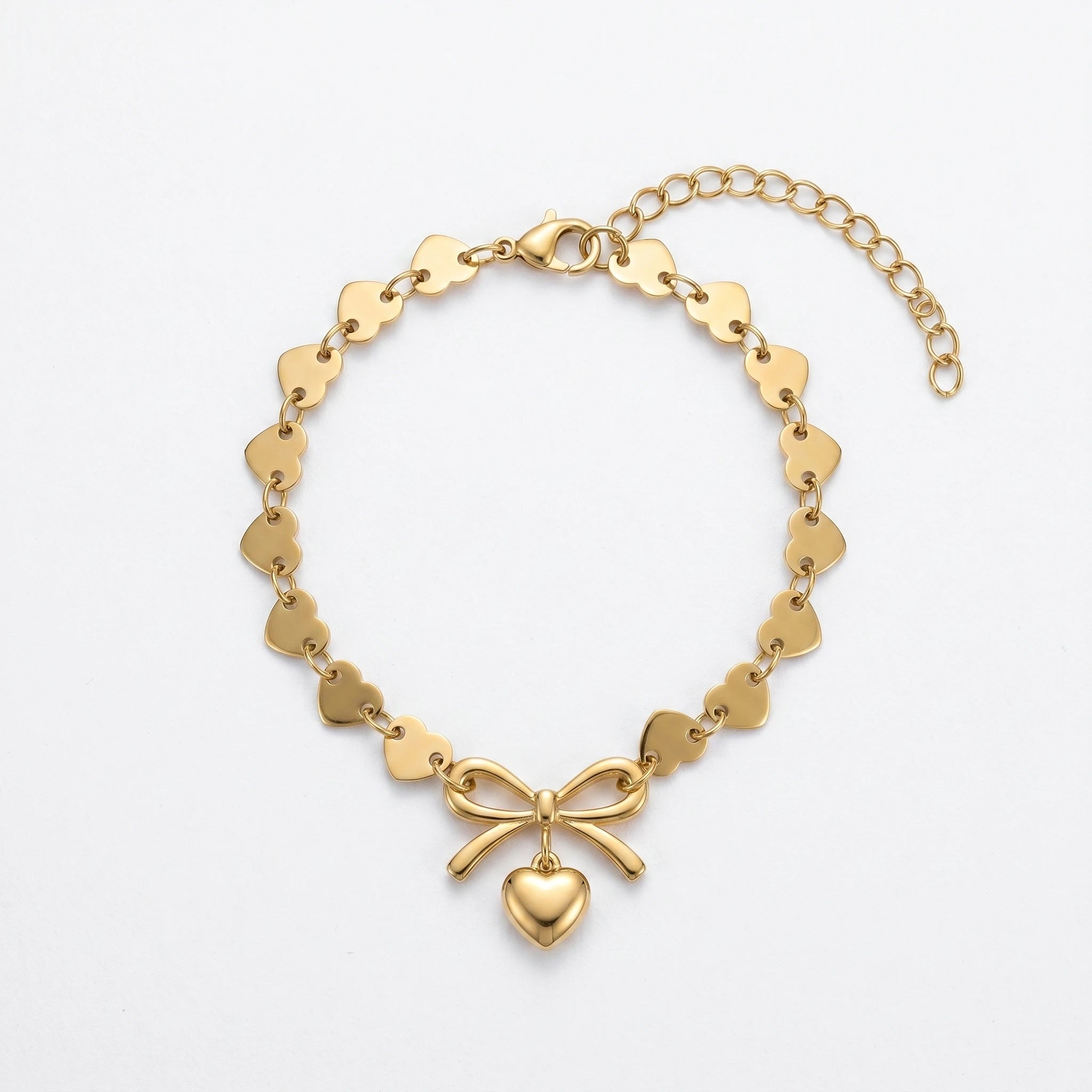 QIAOREN 11426 18K Gold Plated All Heart Chain Bracelet With Bow Knot Charm Stainless Steel Tarnish Free
