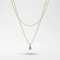 QIAOREN 13532 Double Layer Droplet Pendant Stack Necklace with Rice Bead & Thin Snake Chain, Smooth Teardrop Gold Charm