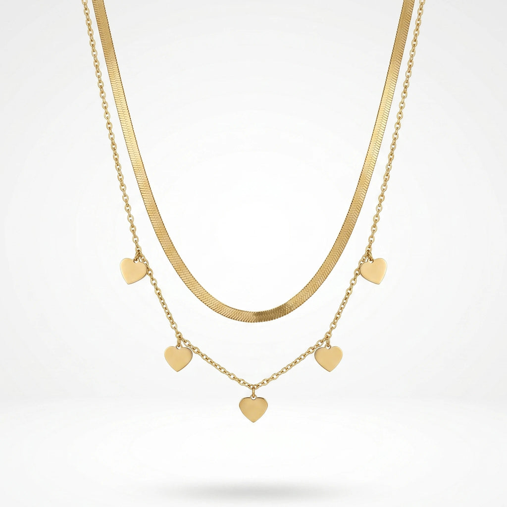 QIAOREN 11645 Stainless Steel Gold Double Layer Necklace Herringbone Chain Tiny Heart Charms Adjustable Women Jewelry Gift
