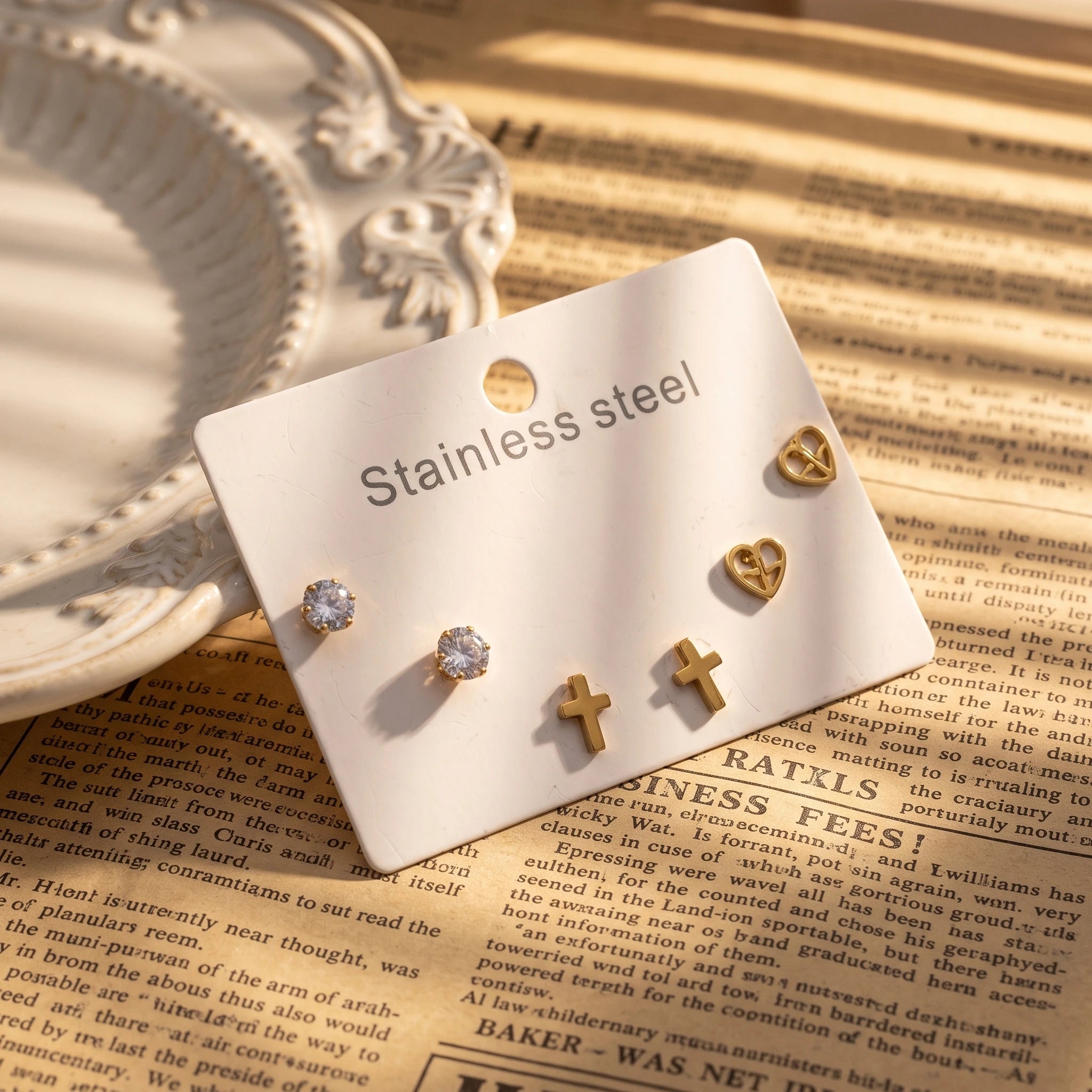 QIAOREN 14495 3 Pcs Cross Heart Stainless Steel Cz Ear Stud Earrings Set, , Gold Multi Style Mini Cartilage Earrings Jewelry