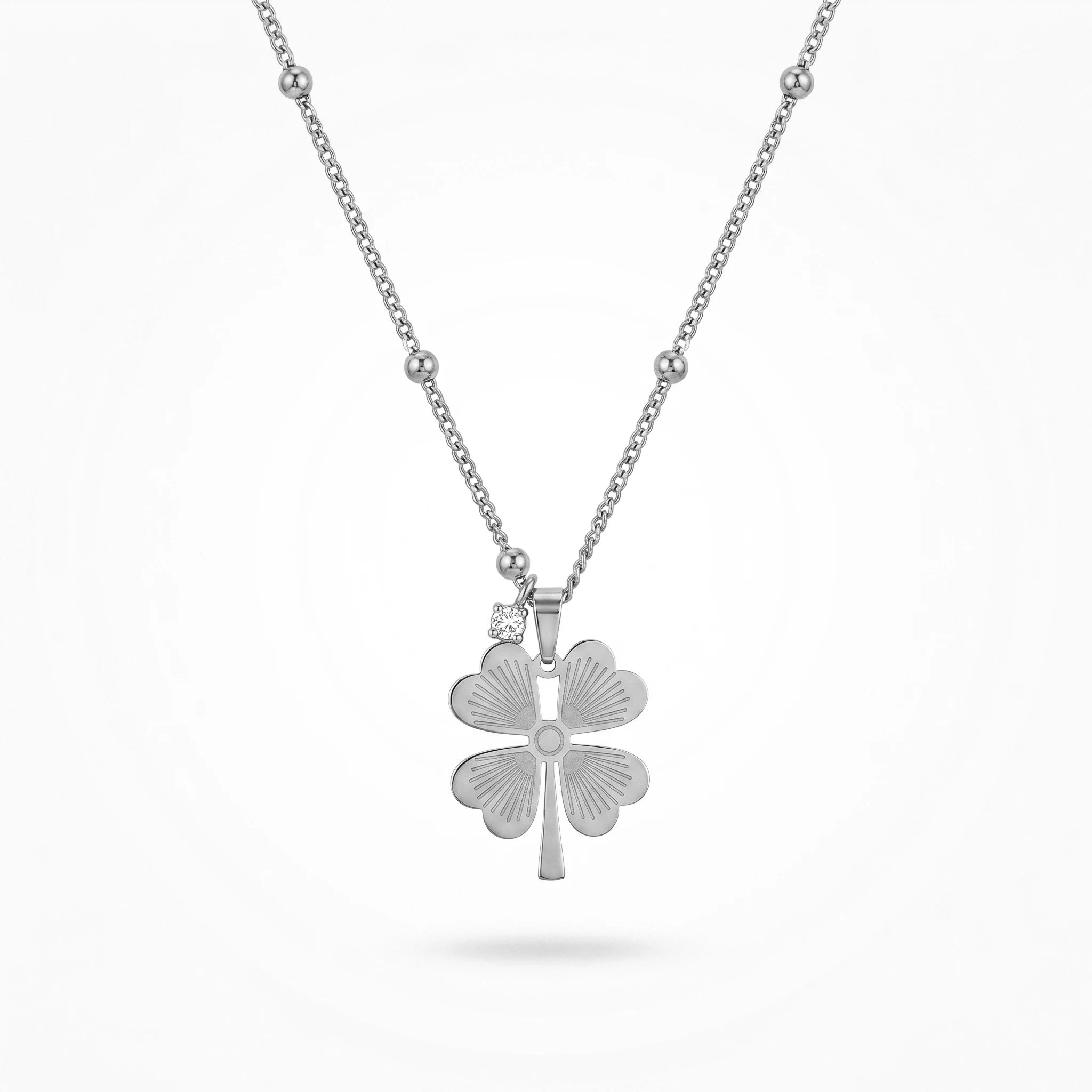 QIAOREN 12896 18K Gold Plated Four Leaf Clover Necklace, Waterproof Tarnish Free Stainless Steel Lucky Clover Satellite Chain
