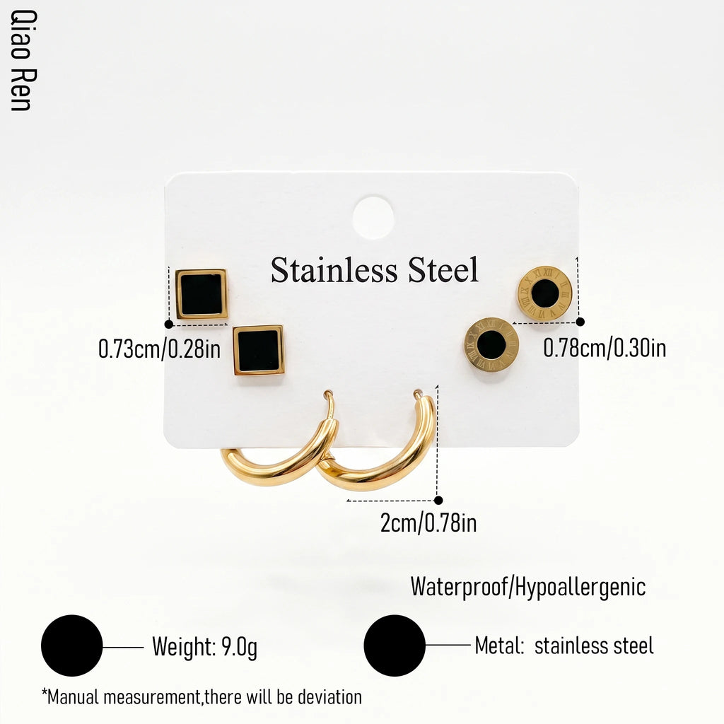 QIAOREN 14471 3 Pair Gold Stainless Steel Earrings Set, Square Black Enamel Studs, Roman Numeral Disc Studs & Chunky Earrings