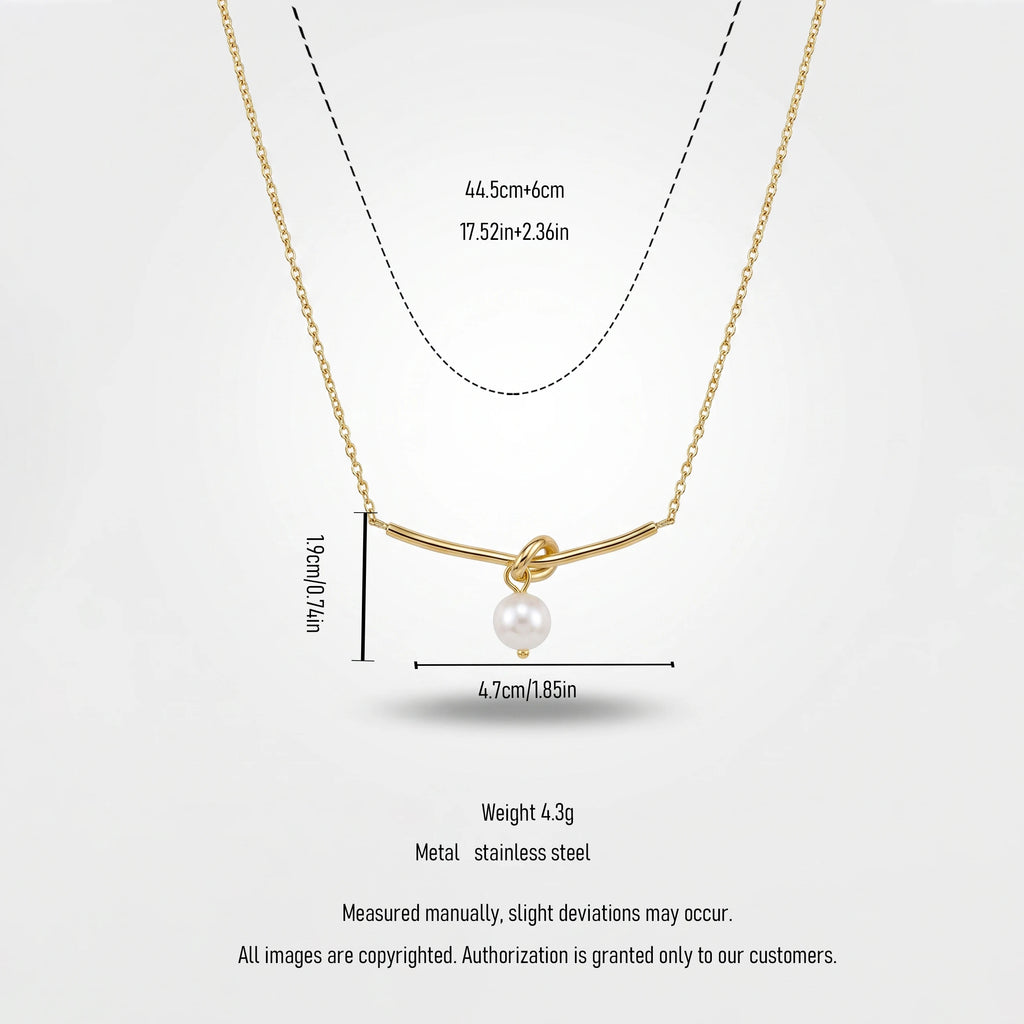 QIAOREN 13724 Thin Link Chain Necklace with Bar Knot Pendant Hanging Single White Freshwater Pearl, Gold Plated Jewelry
