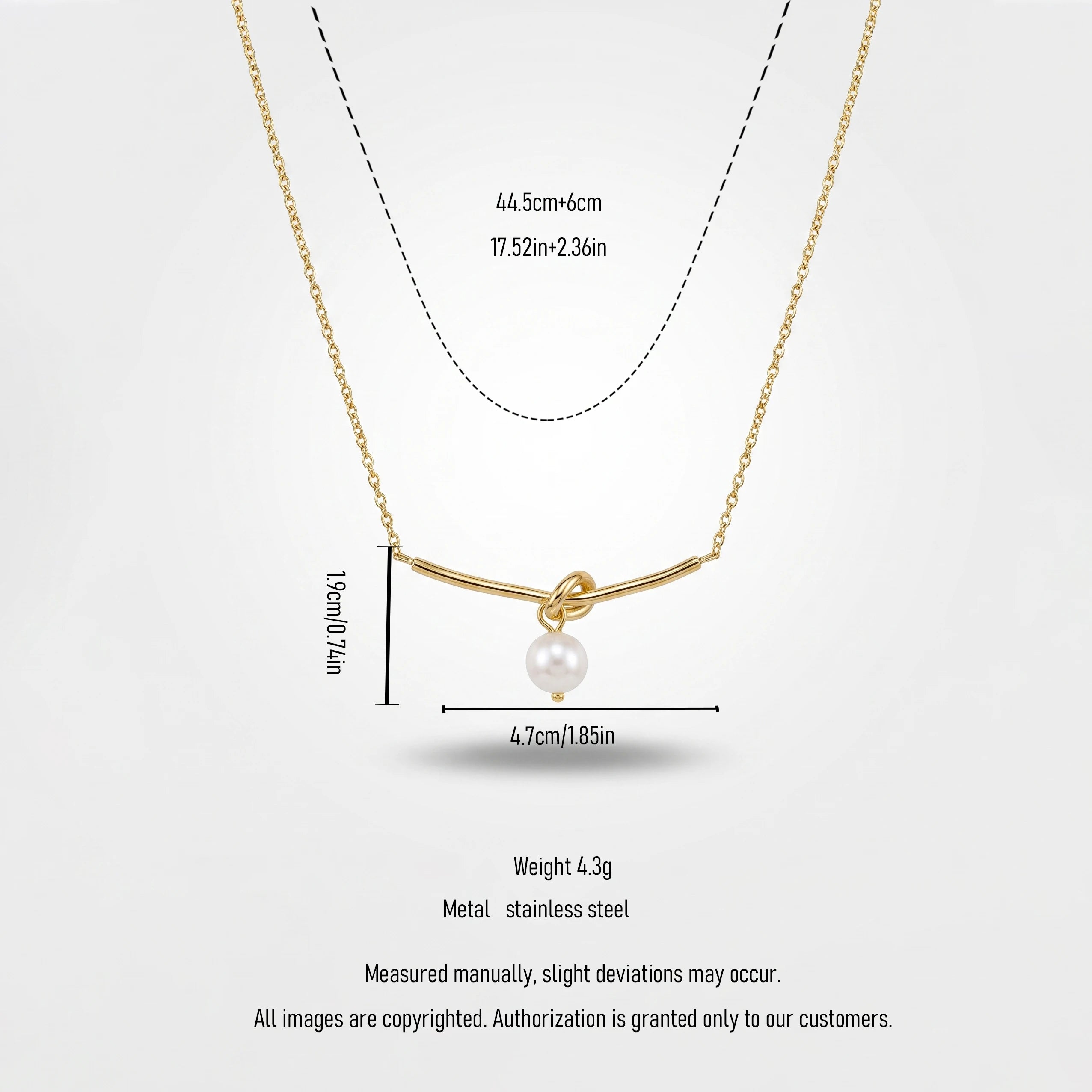 QIAOREN 13724 Thin Link Chain Necklace with Bar Knot Pendant Hanging Single White Freshwater Pearl, Gold Plated Jewelry