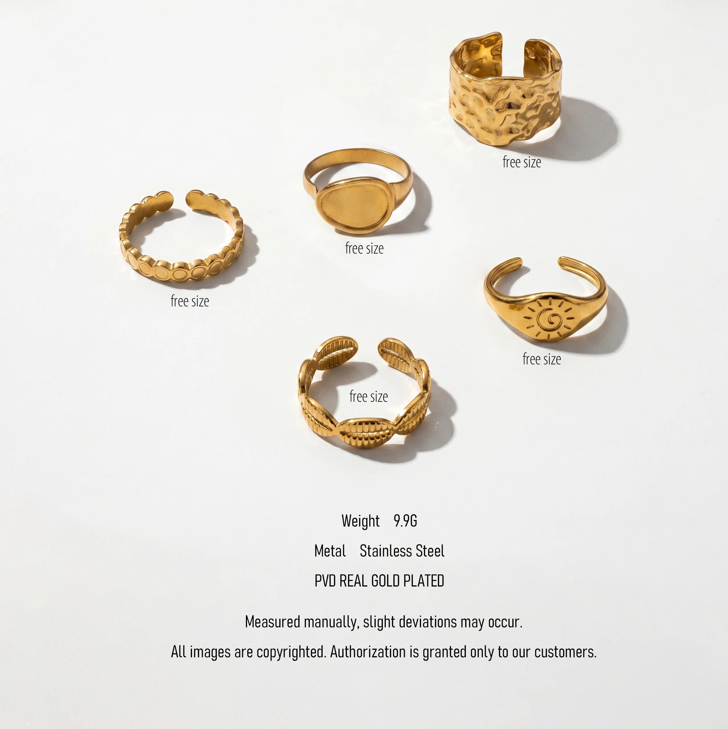 QIAOREN Stainless Steel 5Pcs Stackable Ring Set PVD Gold Plated Adjustable Open Jewelry for Women