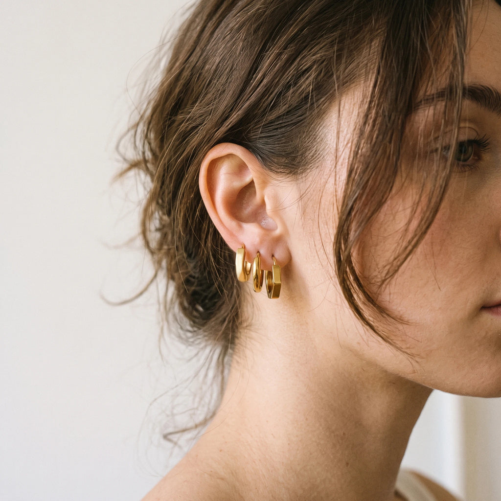 QIAOREN 14457 3 Pair Gold Stainless Steel Polygon Huggie Hoop Earrings, Beveled Multi Sided Small Hoops for Women Daily Jewelry