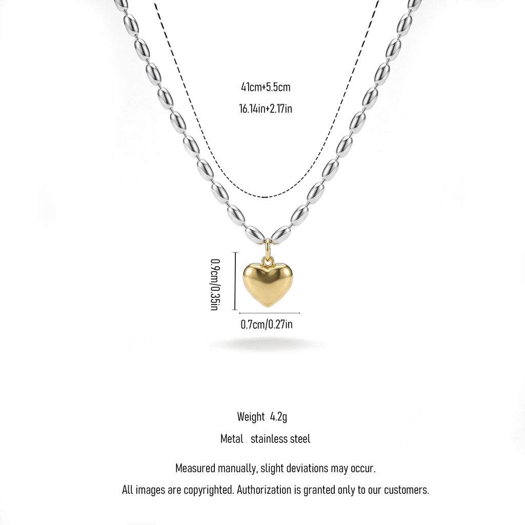 QIAOREN 13995 Two Tone Oval Rice Bead Chain Necklace with Puffy Solid Gold Heart Pendant, Silver Chain & Gold Charm Contrast