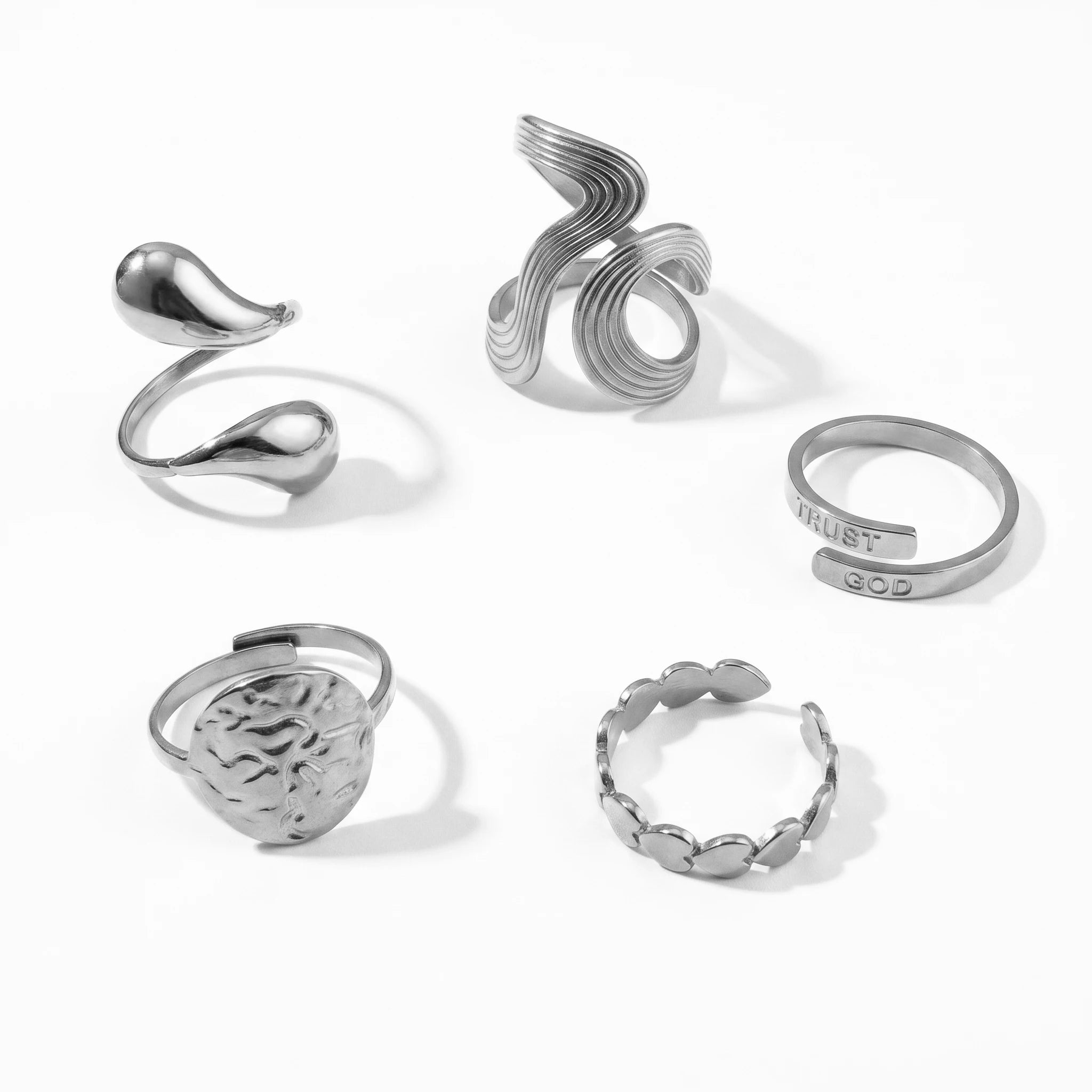 QIAOREN 10708 TRUST GOD Engraved Gold Ring Set - 5Pcs Hypoallergenic Stainless Steel Open Rings