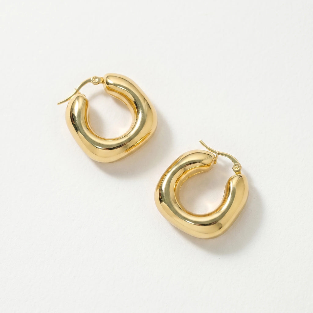 QIAOREN12453Glossy Solid Gold Oval Chunky Hoop Earrings Waterproof Stainless Steel Hoops Hypoallergenic Minimalist Daily Jewelry