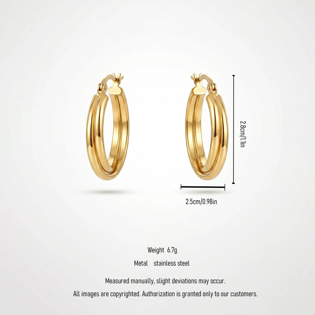 QIAOREN 12391 Trendy Double Row Hoop Earrings Gold Stainless Steel Layered Illusion Twin Band Parallel Large Hoops Women US EU