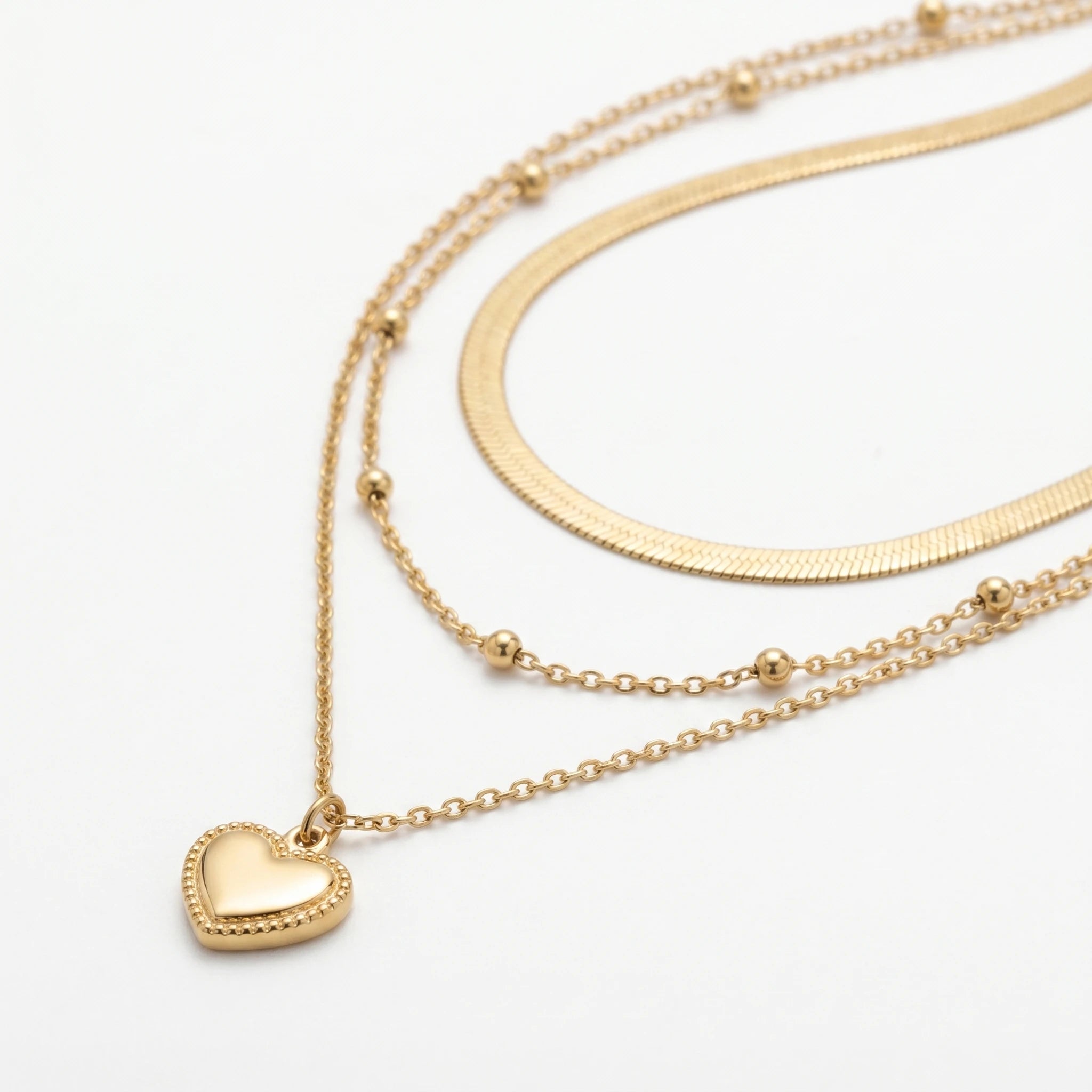QIAOREN 12852 18K Gold Plated Layered Heart Necklace, Herringbone Snake Chain Beaded Pendant, Waterproof Stainless Steel Jewelry