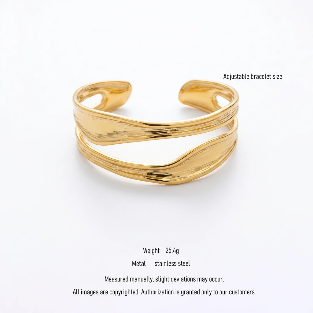 QIAOREN 10733 Modern Split Open Cuff Geometric Micro Insert Stainless Steel 18K Gold Plated Waterproof Stackable Bangle for Her