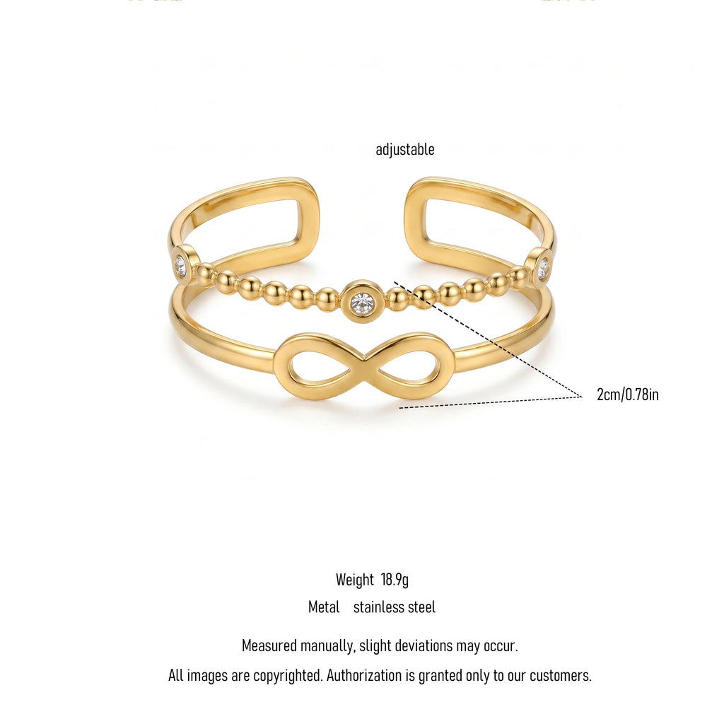 QIAOREN 11884 Minimalist Double Layer Infinity Cuff Bracelet 18K Gold Stainless Steel Beaded CZ Open Bangle Daily Wear Jewelry