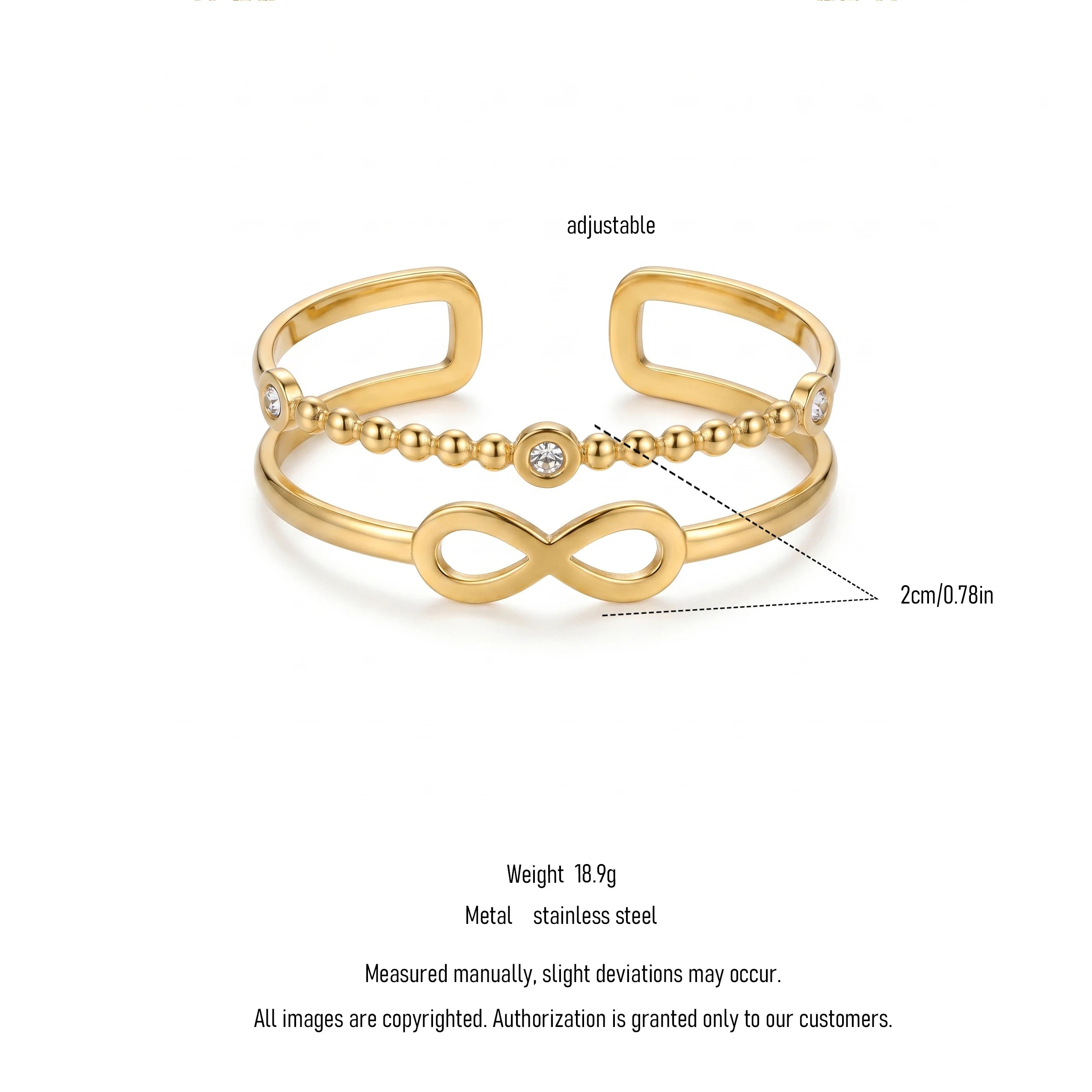 QIAOREN 11884 Minimalist Double Layer Infinity Cuff Bracelet 18K Gold Stainless Steel Beaded CZ Open Bangle Daily Wear Jewelry