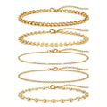 QIAOREN 11538 Boho 5 Layer Stackable Anklet Set 18K Gold Plated Stainless Steel Beach Foot Jewelry
