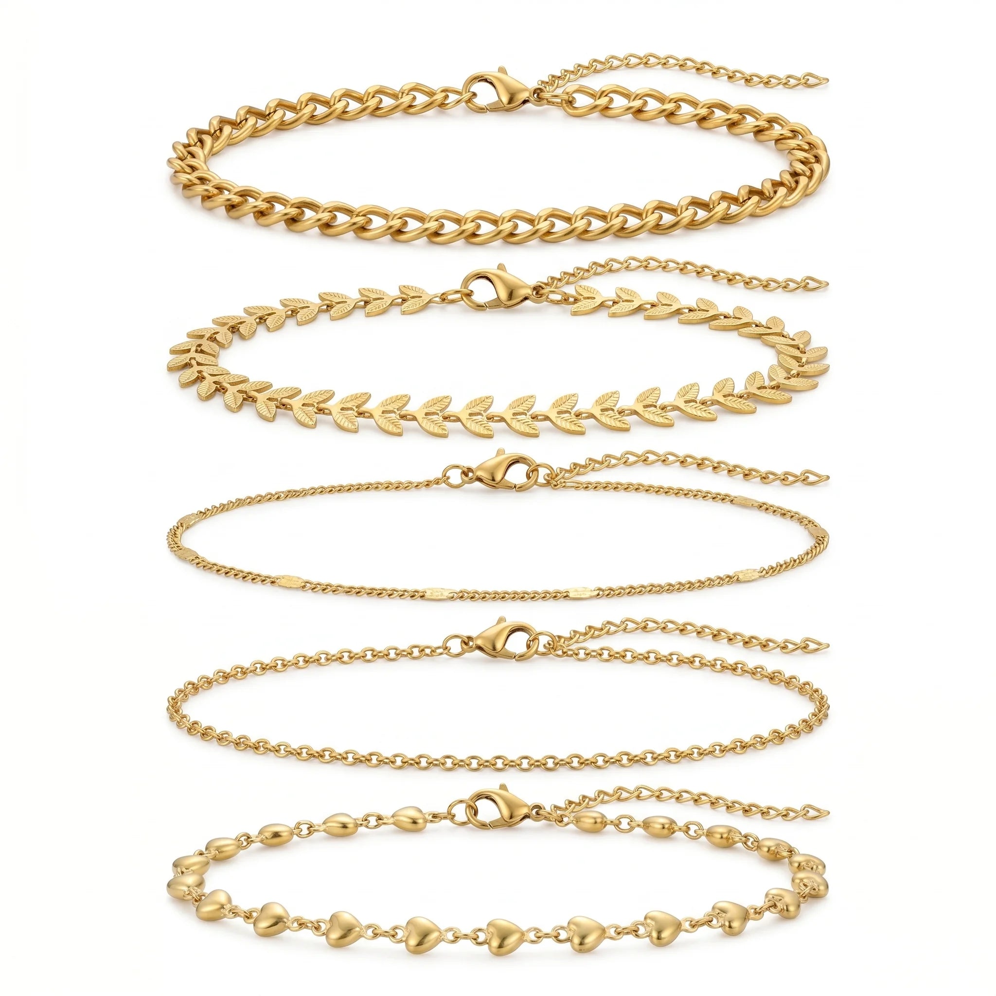 QIAOREN 11538 Boho 5 Layer Stackable Anklet Set 18K Gold Plated Stainless Steel Beach Foot Jewelry
