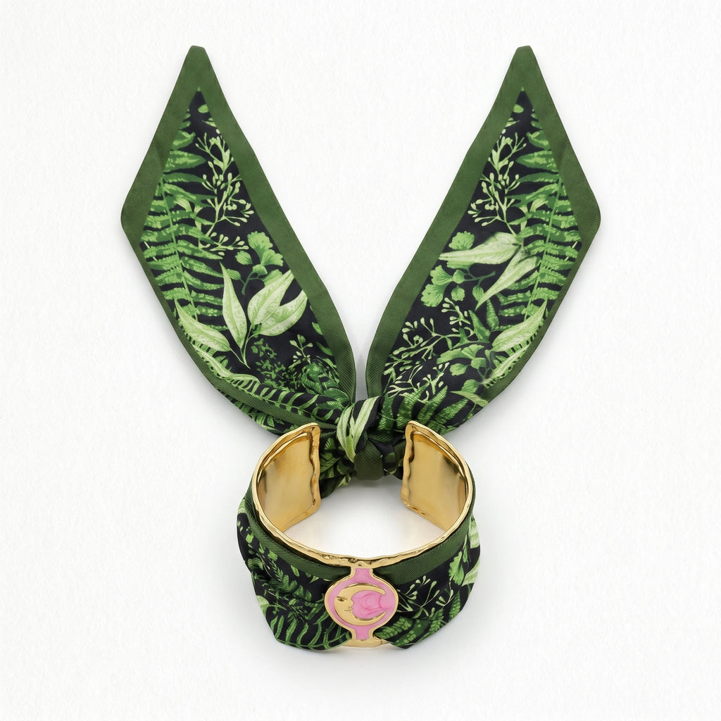 QIAOREN 11005 Tropical Leaf Print Scarf Bracelet Gold Stainless Steel Adjustable Cuff Beach Vacation Jewelry for Women