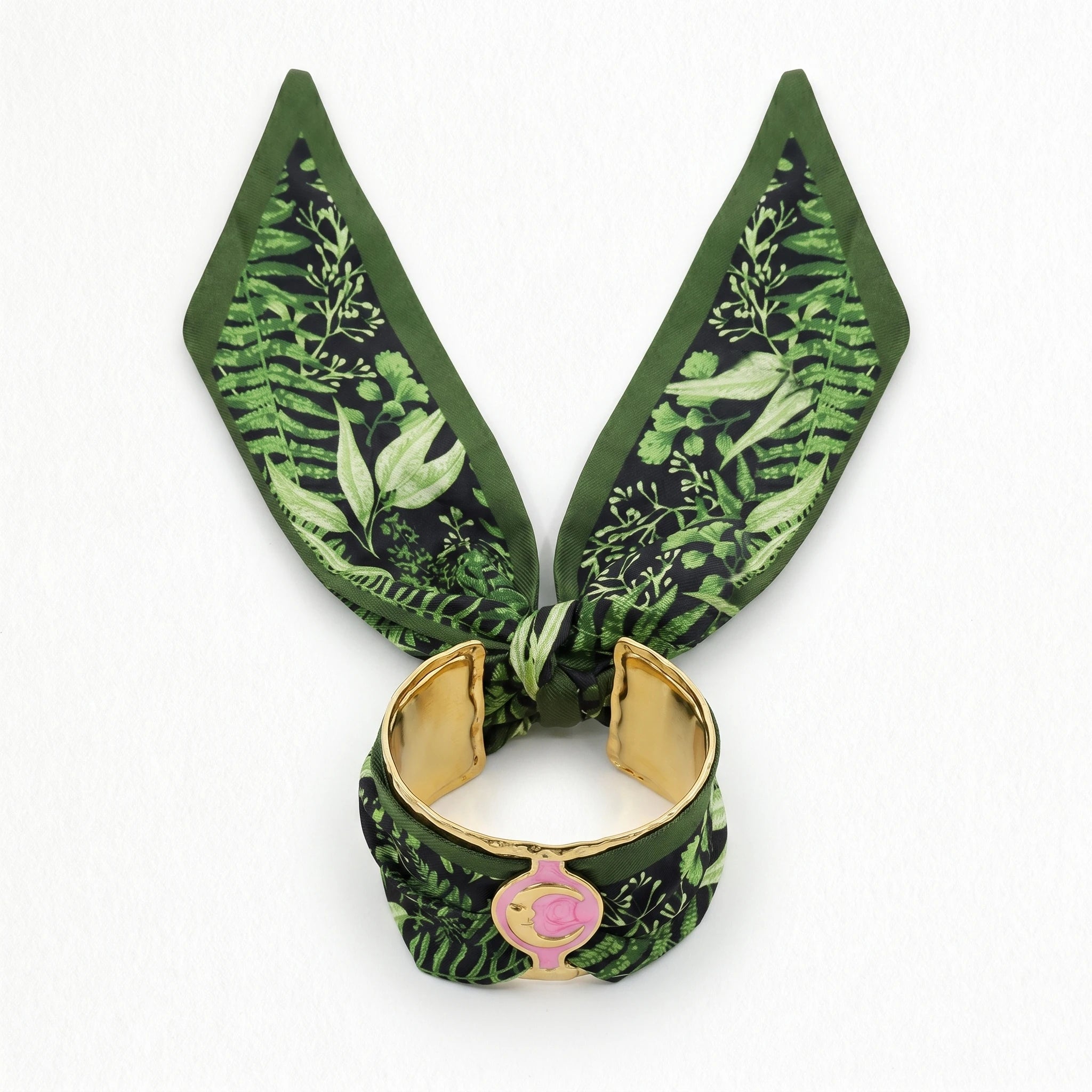 QIAOREN 11005 Tropical Leaf Print Scarf Bracelet Gold Stainless Steel Adjustable Cuff Beach Vacation Jewelry for Women