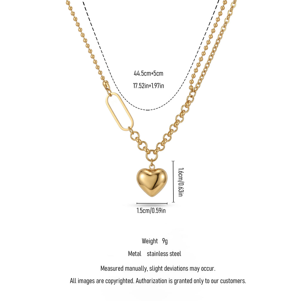 QIAOREN 11812 18K Gold Plated Stainless Steel Anti-Tarnish Hypoallergenic Mixed Bead & Paperclip Chain Heart Pendant Necklace