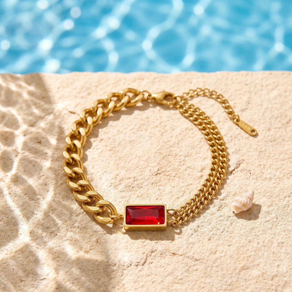 QIAOREN 13358 Gold Plated Stainless Steel Cuban Link Bracelet Red Crystal Chunky Chain Statement Jewelry for Women