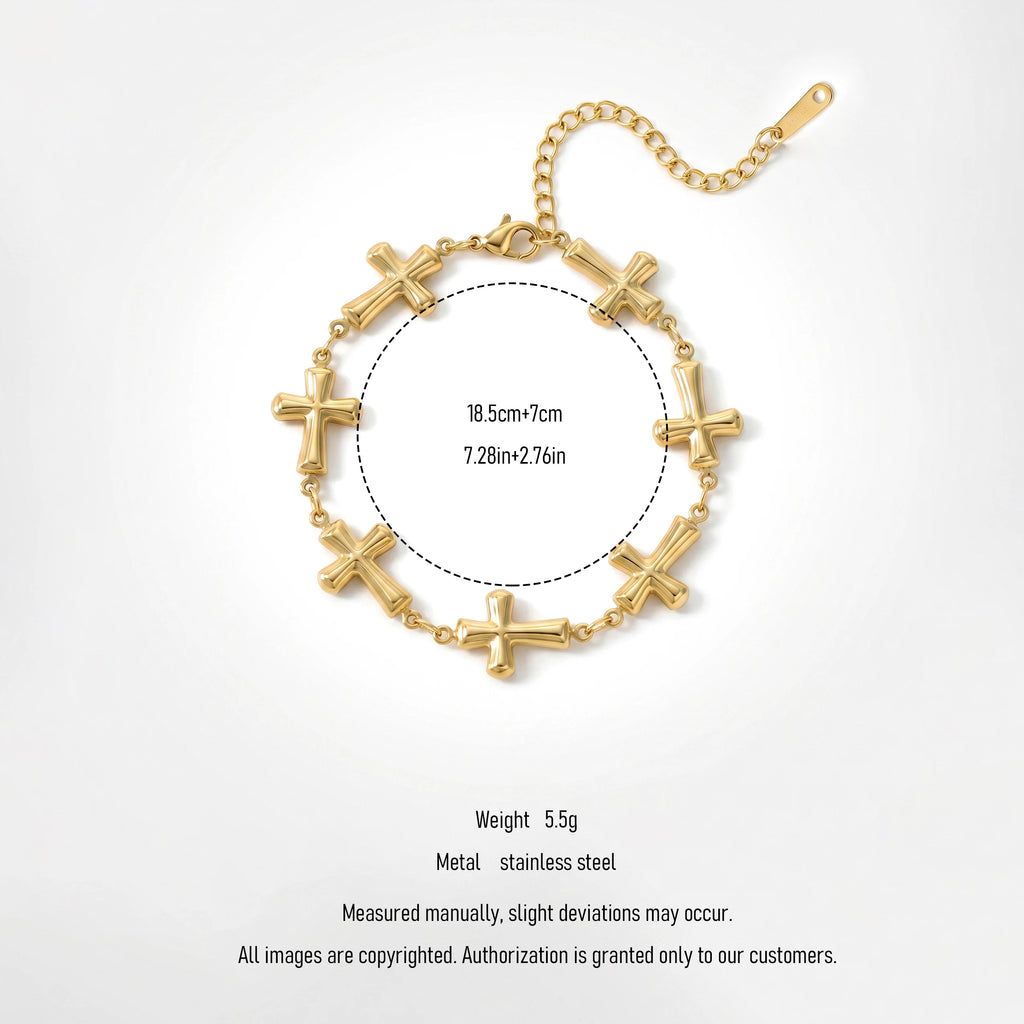 QIAOREN12057 18K Gold Plated Stainless Steel Puffy Cross Link Bracelet Adjustable  Chain Religious Trend Jewelry for US EU Women