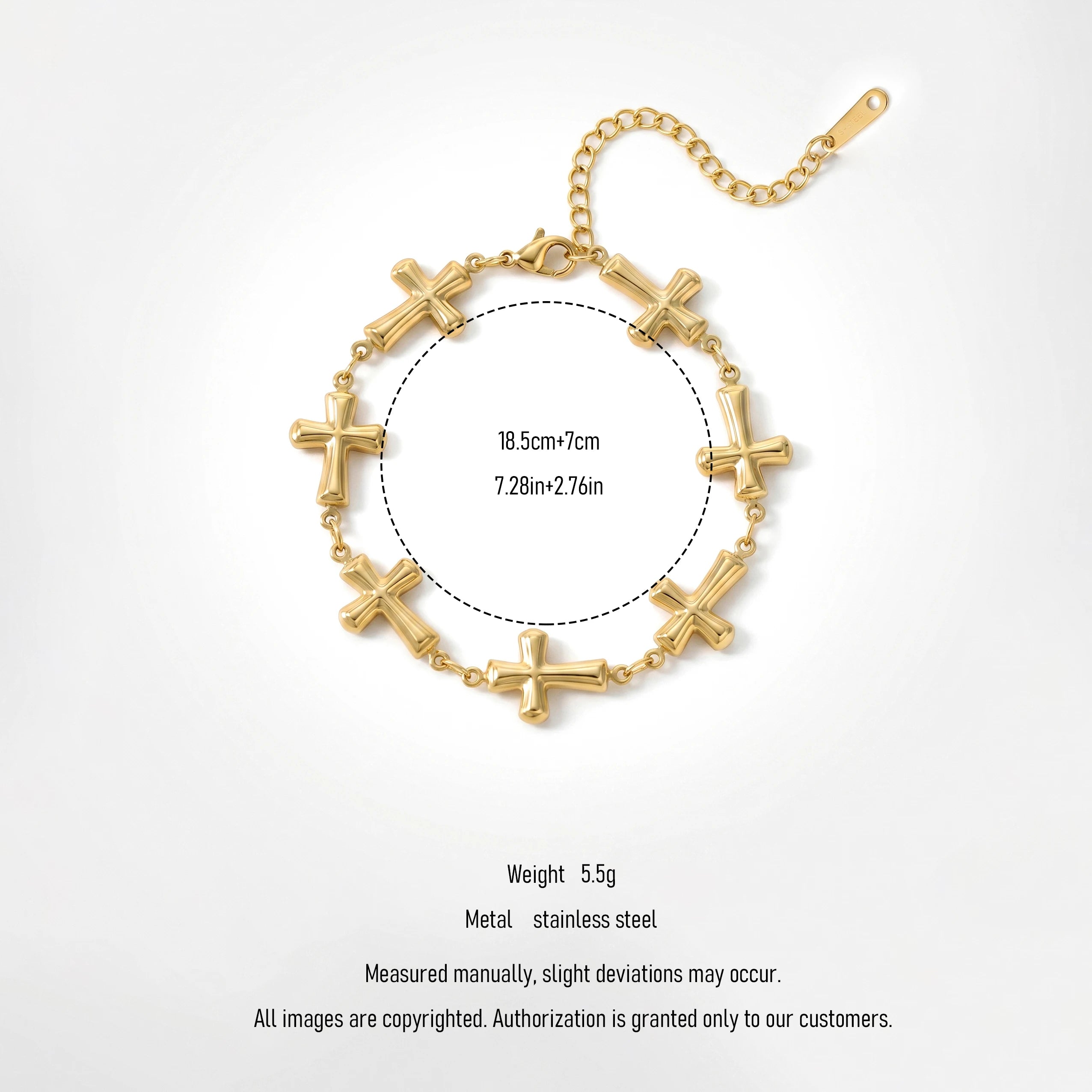 QIAOREN12057 18K Gold Plated Stainless Steel Puffy Cross Link Bracelet Adjustable  Chain Religious Trend Jewelry for US EU Women