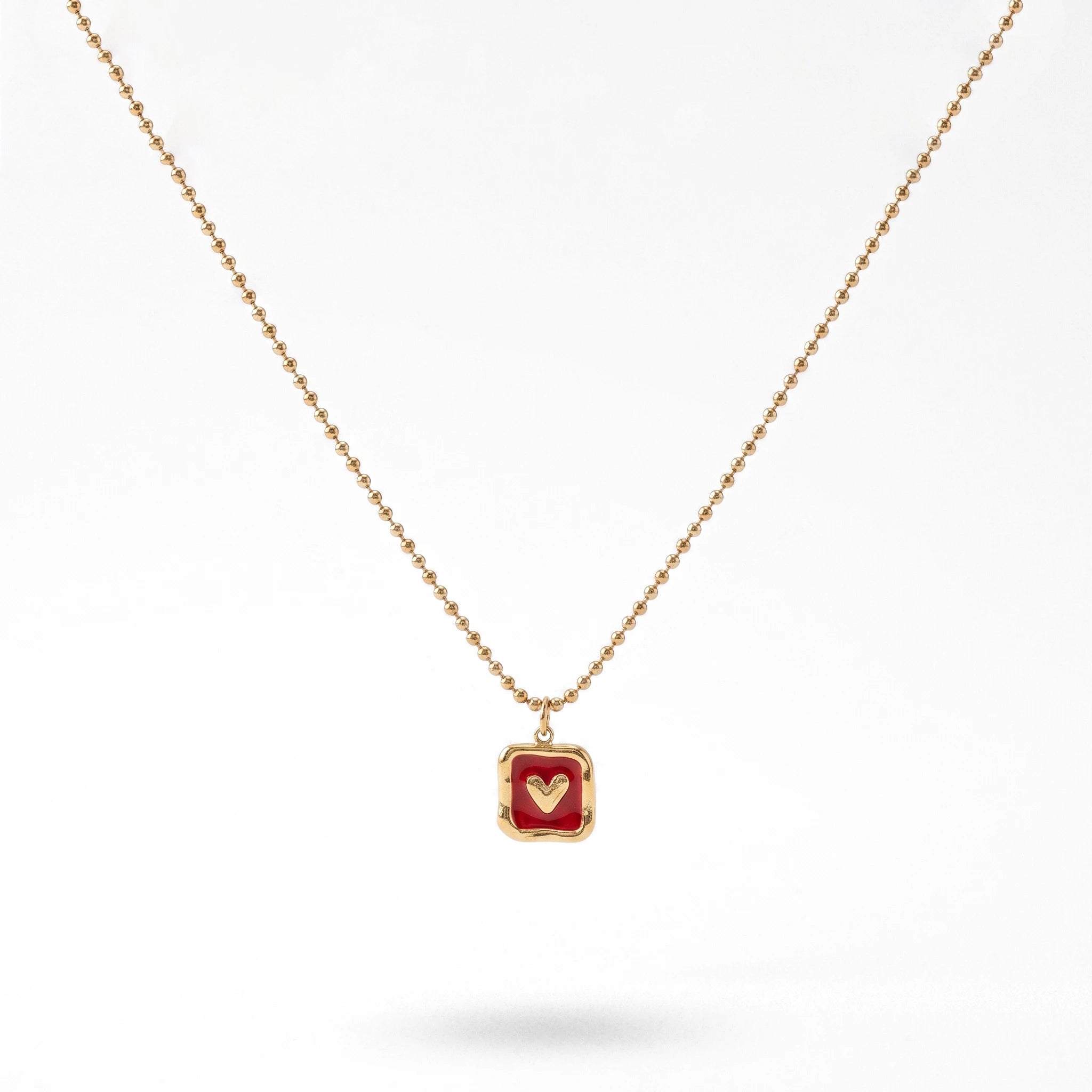 QIAOREN  13712 Ball Bead Chain Pendant Necklace with Rounded Square Solid Red Enamel & Embossed Mini Heart Charm