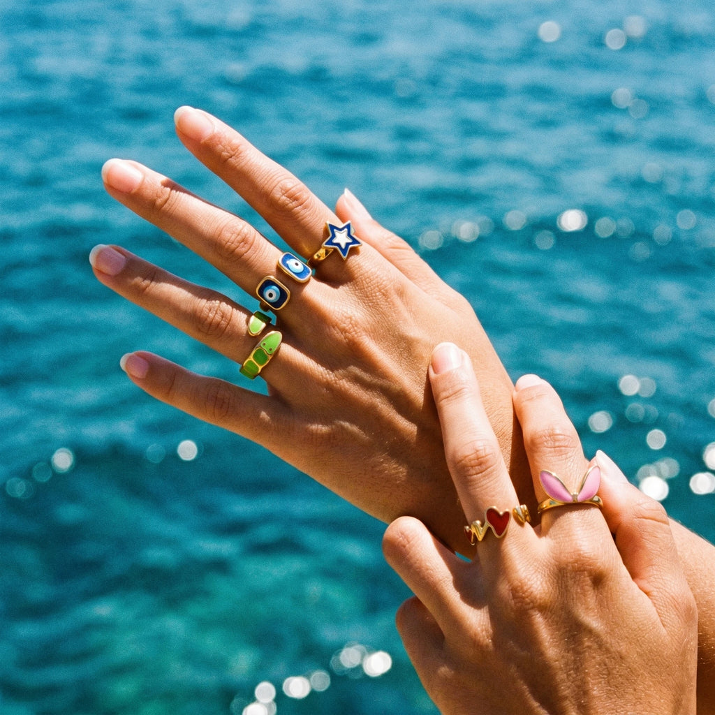 QIAOREN Stainless Steel Adjustable Eye Motif Ring Set Gold Plated Stackable CZ Turquoise Fashion Rings for Women