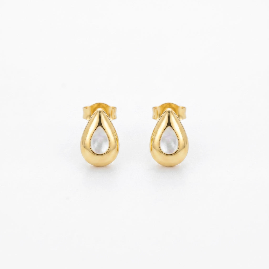 QIAOREN 13222 Gold Plated Teardrop Pearl Stud Earrings for Women Stainless Steel Minimalist Fashion Jewelry