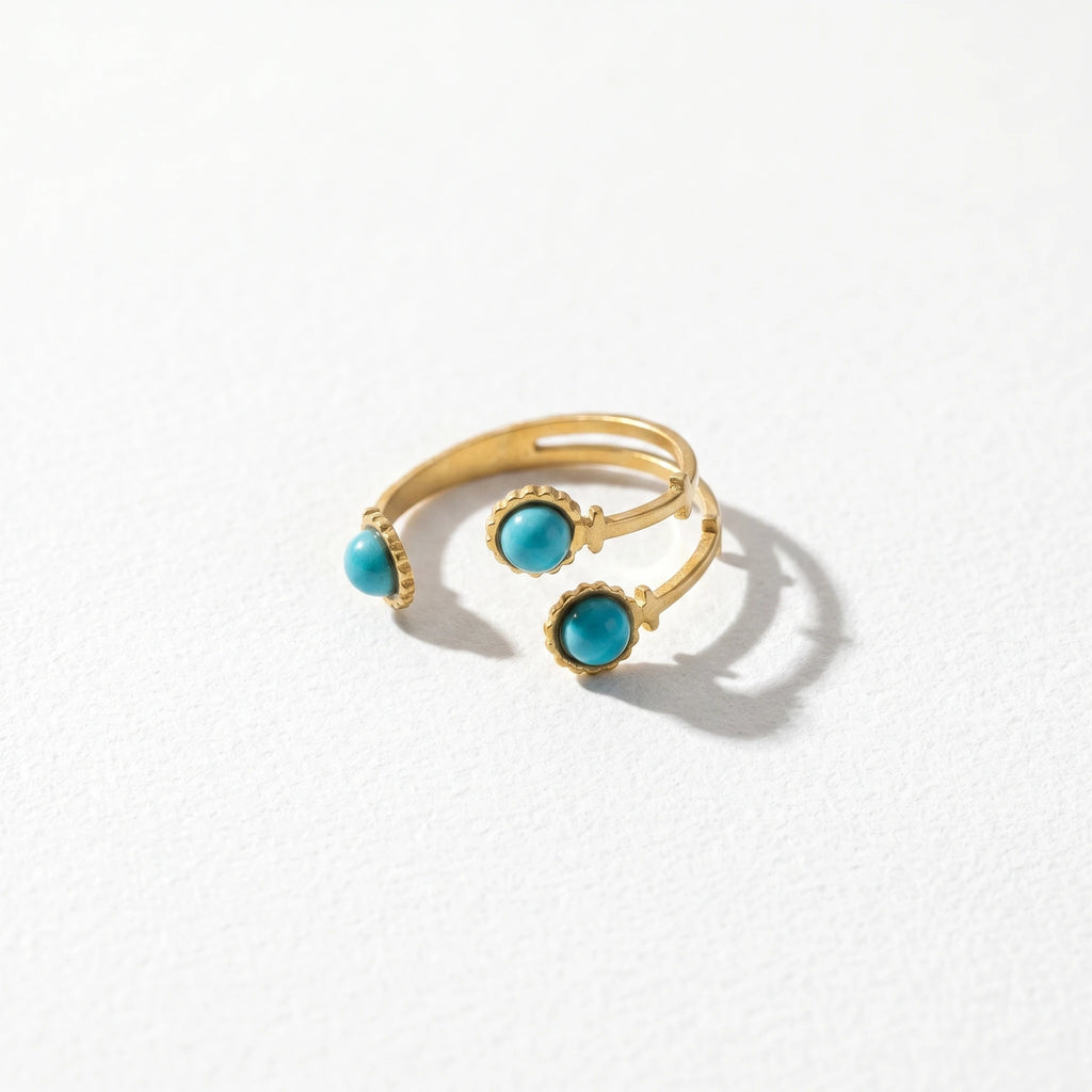 QIAOREN 18K Gold Stainless Steel Turquoise Open Ring Set, Waterproof Vintage Adjustable Boho Stackable Rings