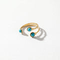 QIAOREN 18K Gold Stainless Steel Turquoise Open Ring Set, Waterproof Vintage Adjustable Boho Stackable Rings