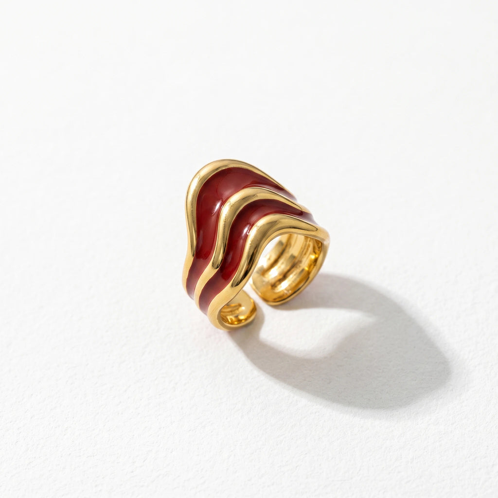 QIAOREN 14221-25 Red Enamel Irregular Wave Open Ring Set, Abstract Curved Adjustable Stackable Ring Jewelry Gift