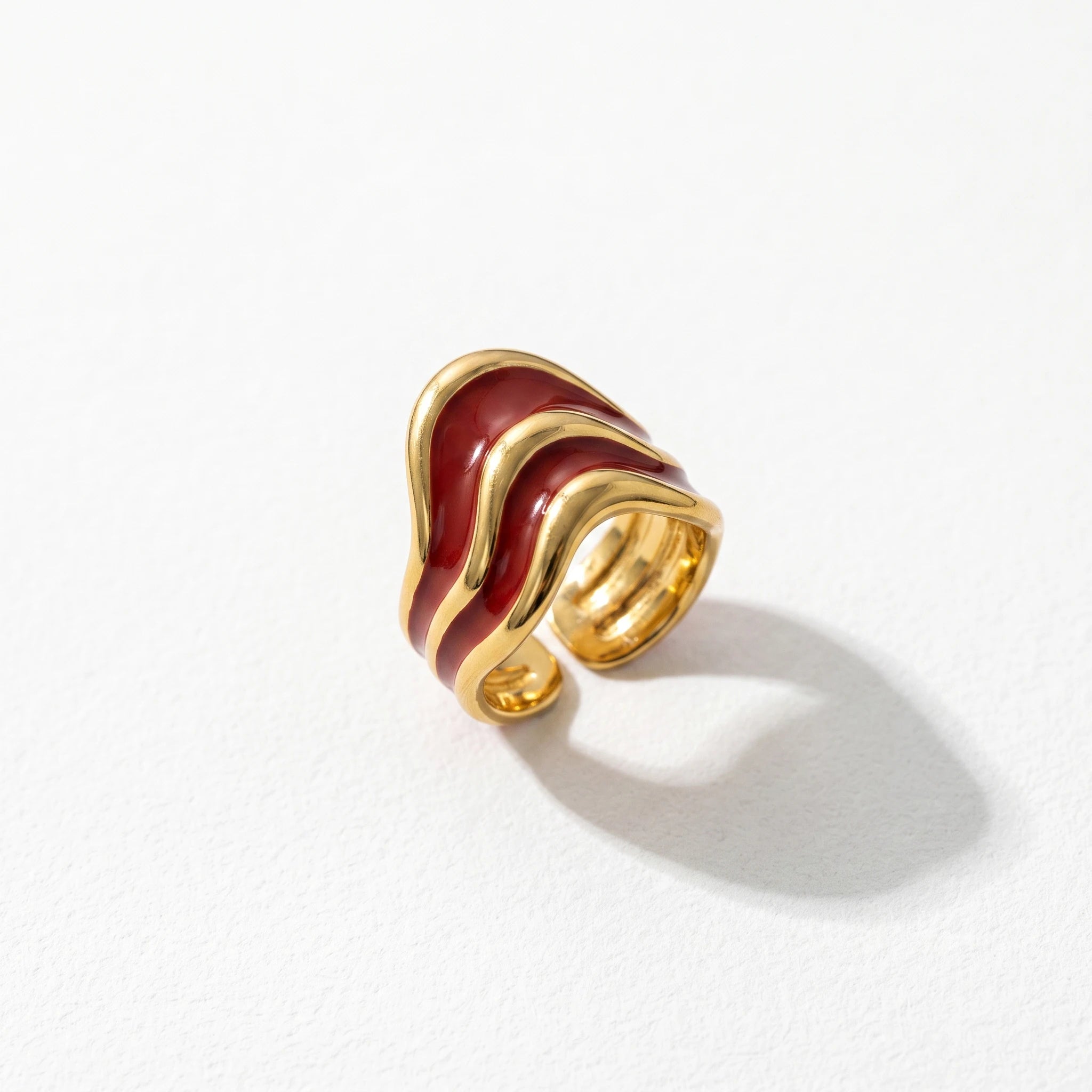 QIAOREN 14221-25 Red Enamel Irregular Wave Open Ring Set, Abstract Curved Adjustable Stackable Ring Jewelry Gift