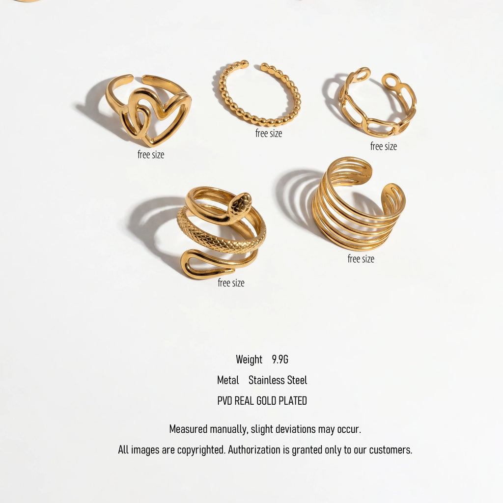 QIAOREN 18K PVD Plate Gold Stainless Steel Rings Set Tarnish Free Adjustable  Open Cuff Rings for Women Daily Jewelry