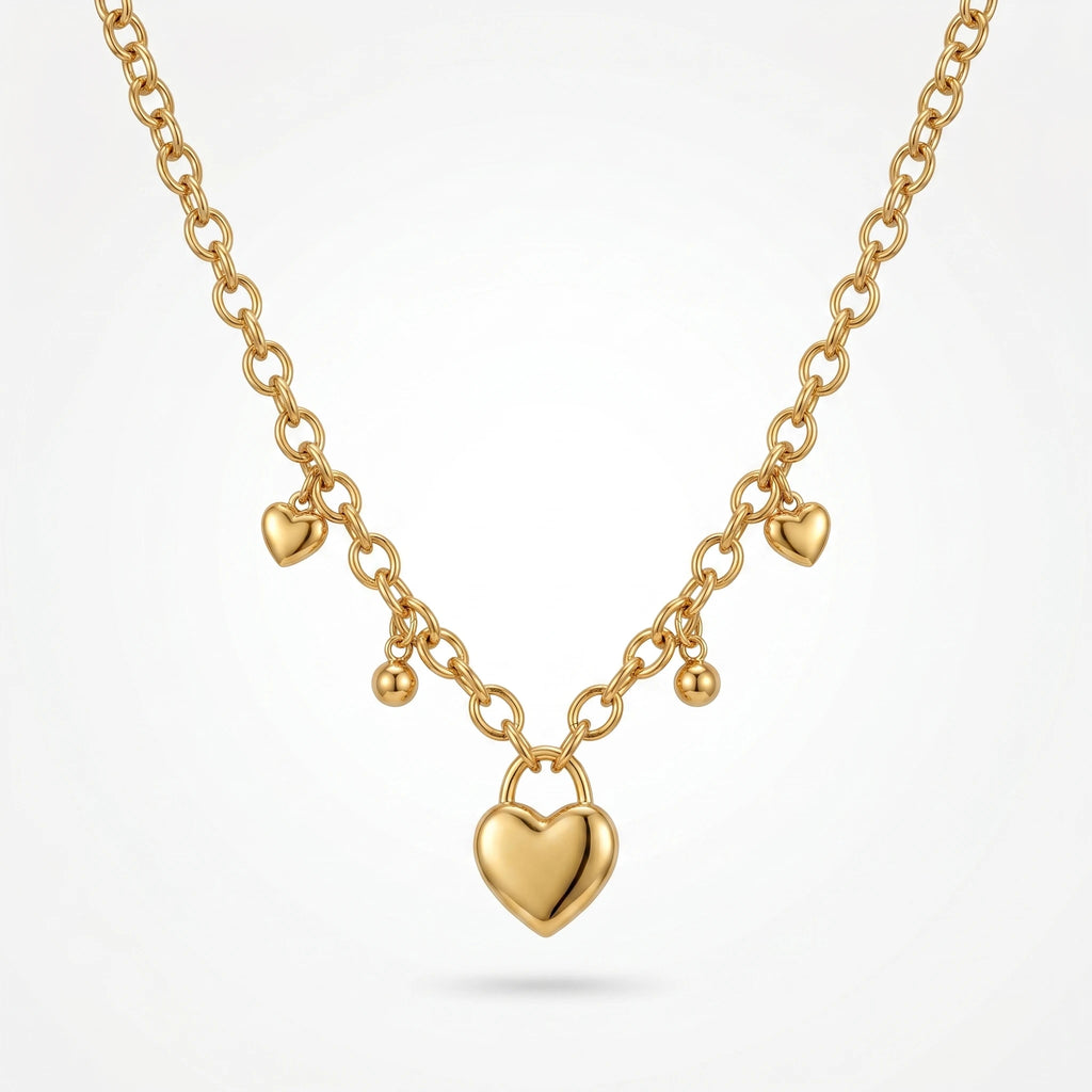 QIAOREN 12919 18K Gold Plated Puffy Heart Necklace, Waterproof Tarnish Free Stainless Steel Lariat Heart Jewelry for Women