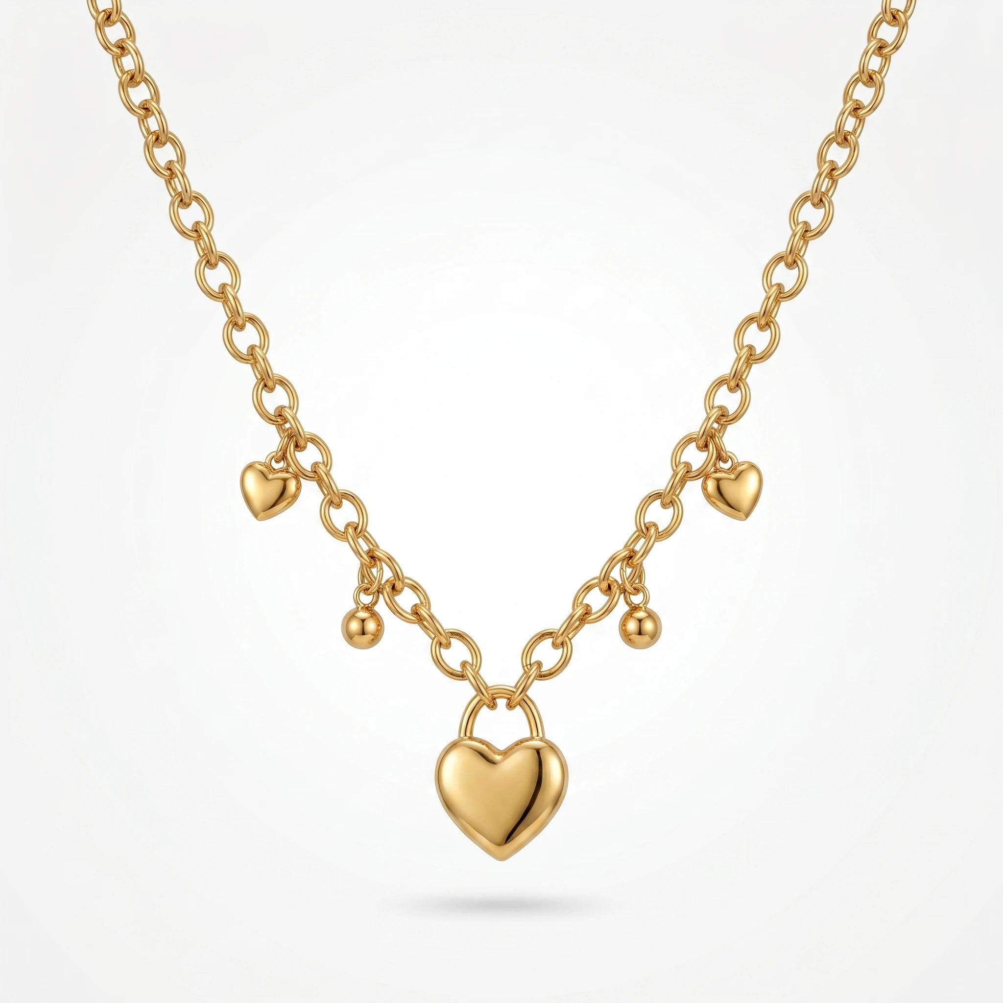 QIAOREN 12919 18K Gold Plated Puffy Heart Necklace, Waterproof Tarnish Free Stainless Steel Lariat Heart Jewelry for Women